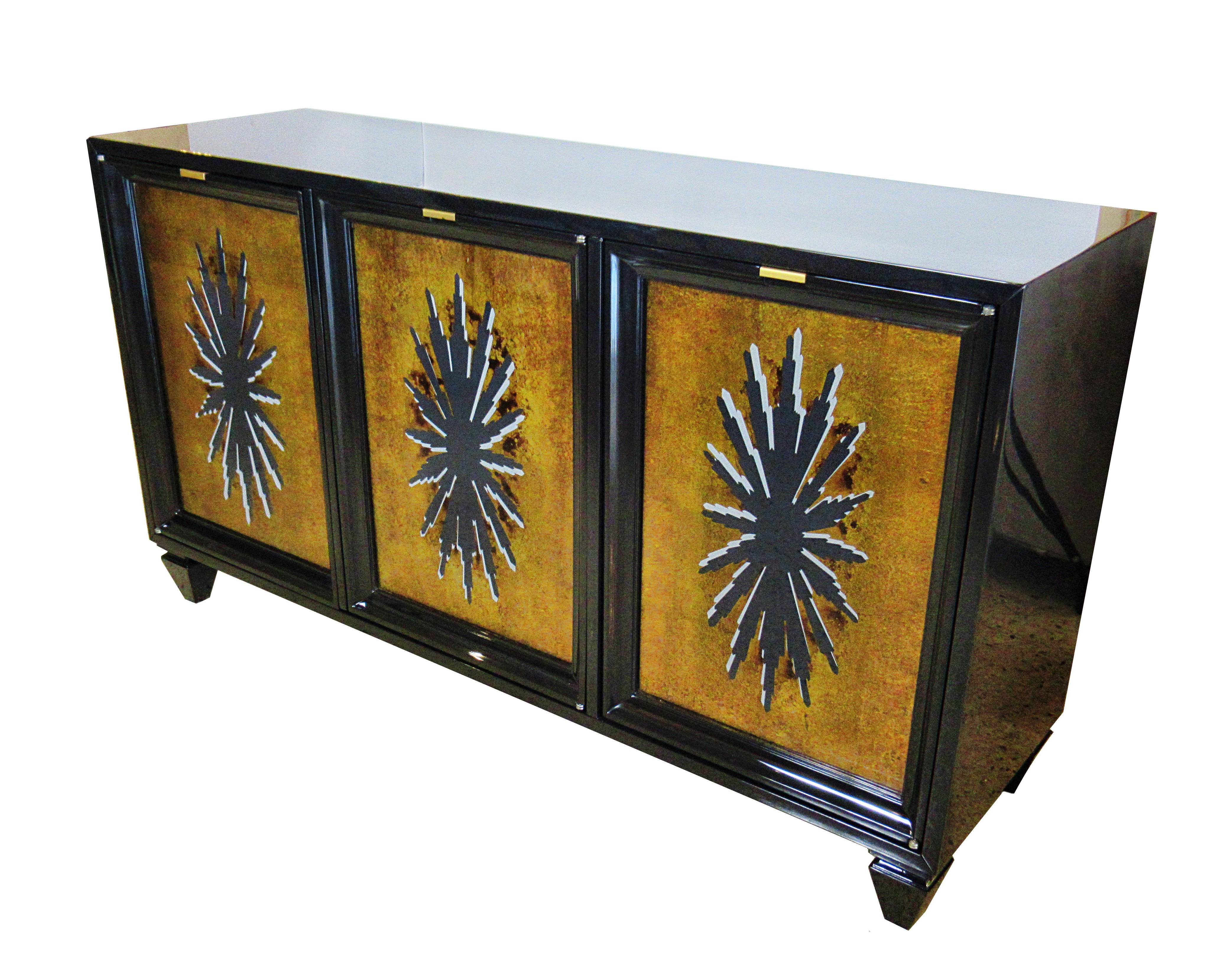 Fine Black Lacquer and Églomisé Glass Front 3-Door Credenza, Tony Duquette  In Excellent Condition In Hollywood, FL