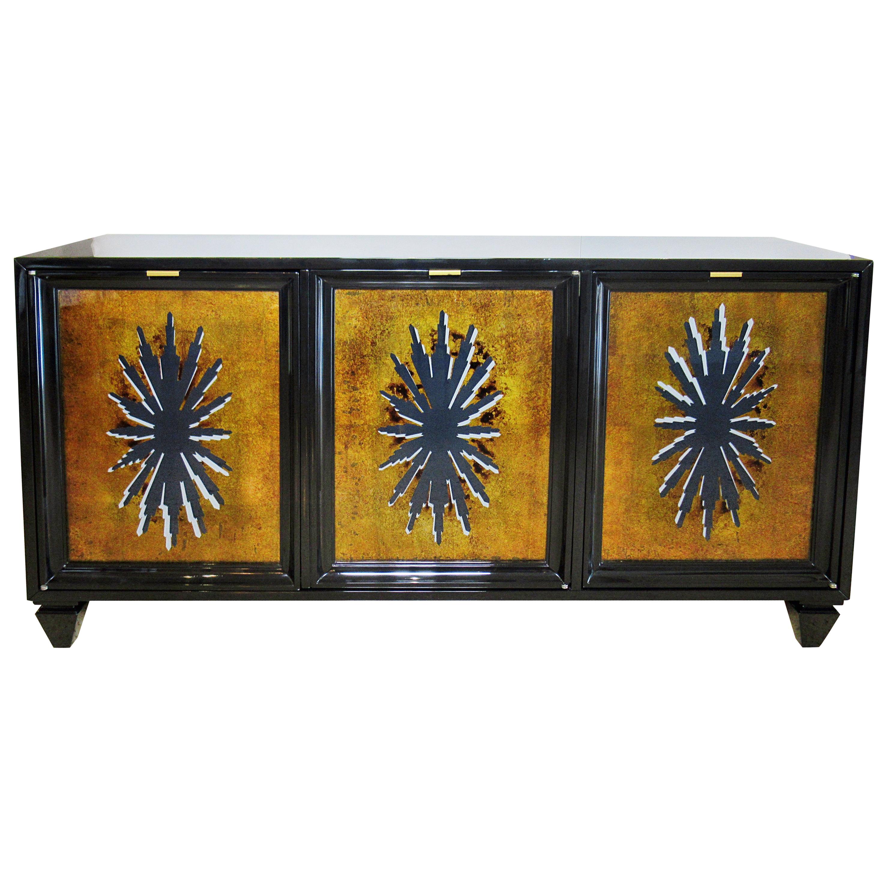 Fine Black Lacquer and Églomisé Glass Front 3-Door Credenza, Tony Duquette