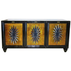 Fine Black Lacquer and Églomisé Glass Front 3-Door Credenza, Tony Duquette