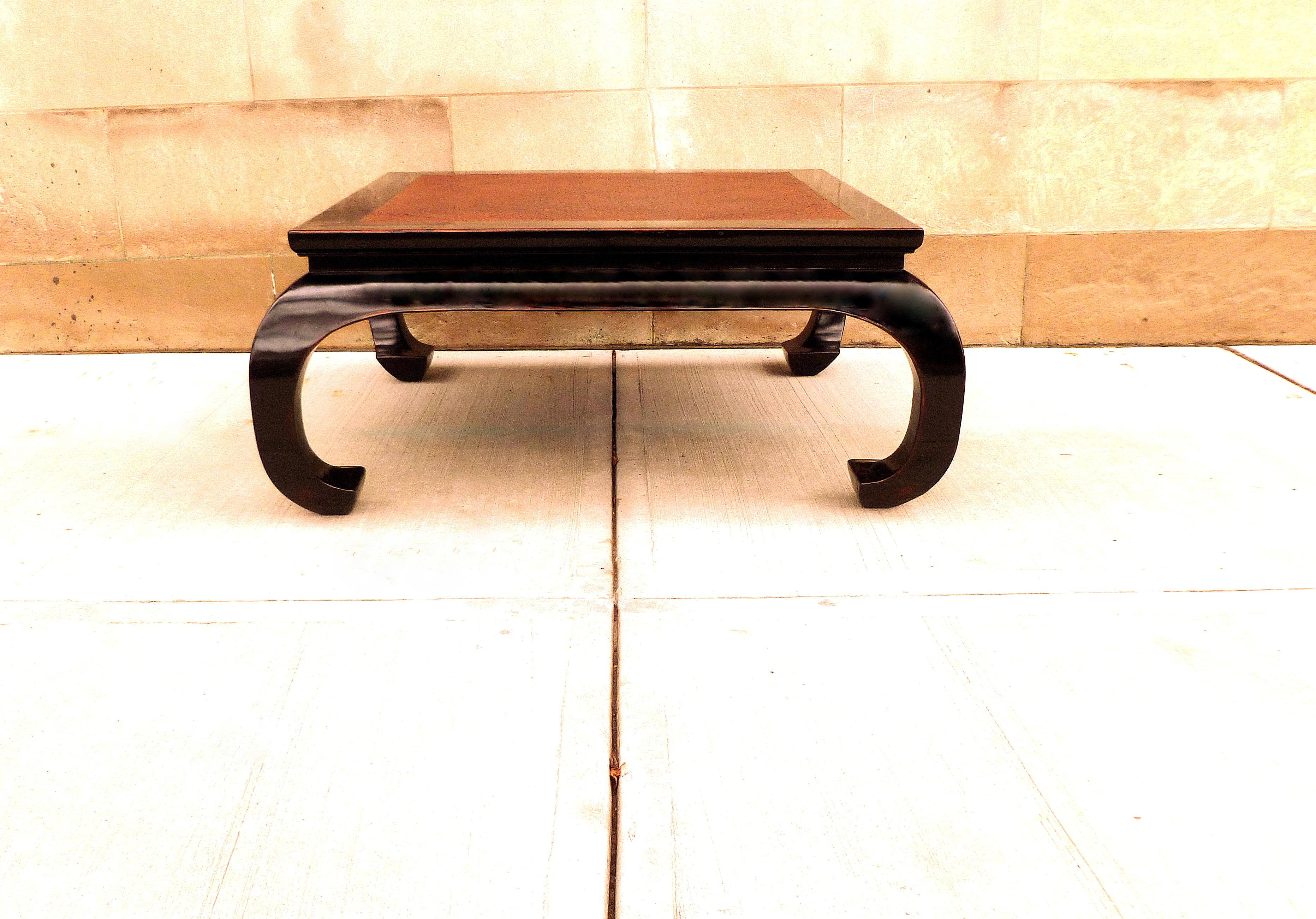 Fine black lacquer square low table with framed hard wood cane top and curve legs, beautiful color, texture and lines. We carry fine quality furniture with elegant finished and has been appeared many times in 