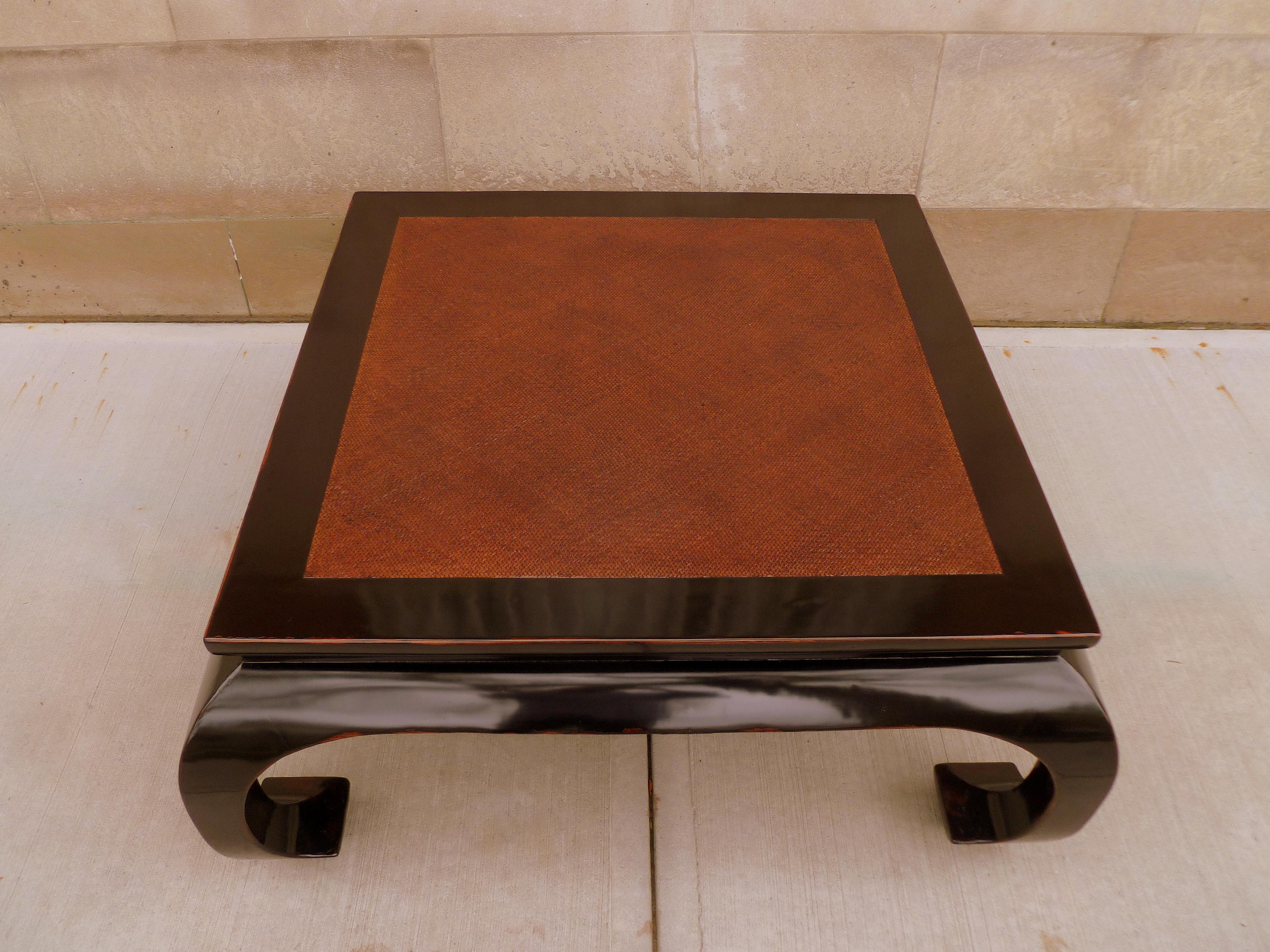 Fine Black Lacquer Low Table / Coffee Table with Hard Wood Canned Top In Good Condition In Greenwich, CT