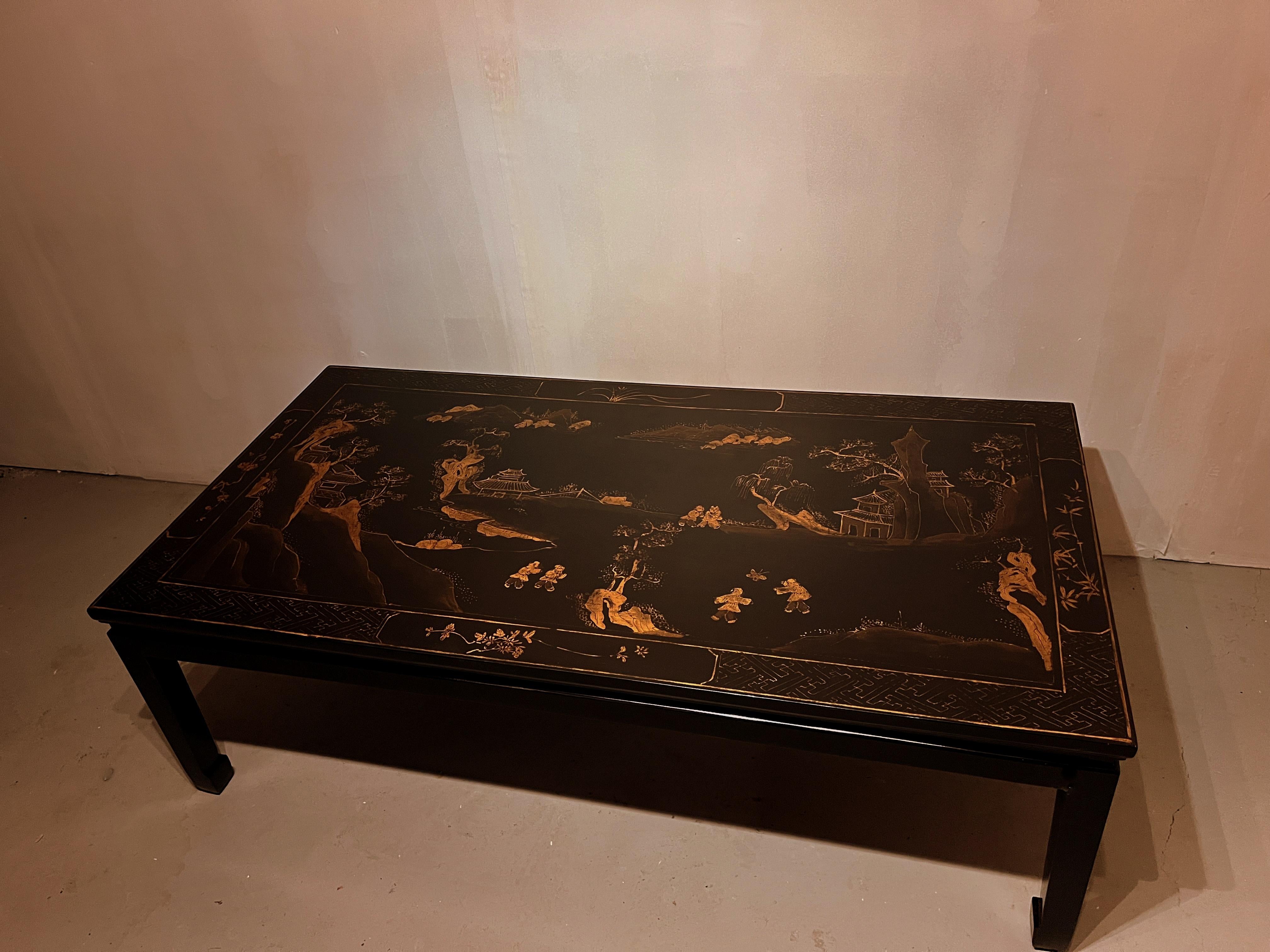Fine Black Lacquer Low Table with Gilt Motif Top For Sale 3