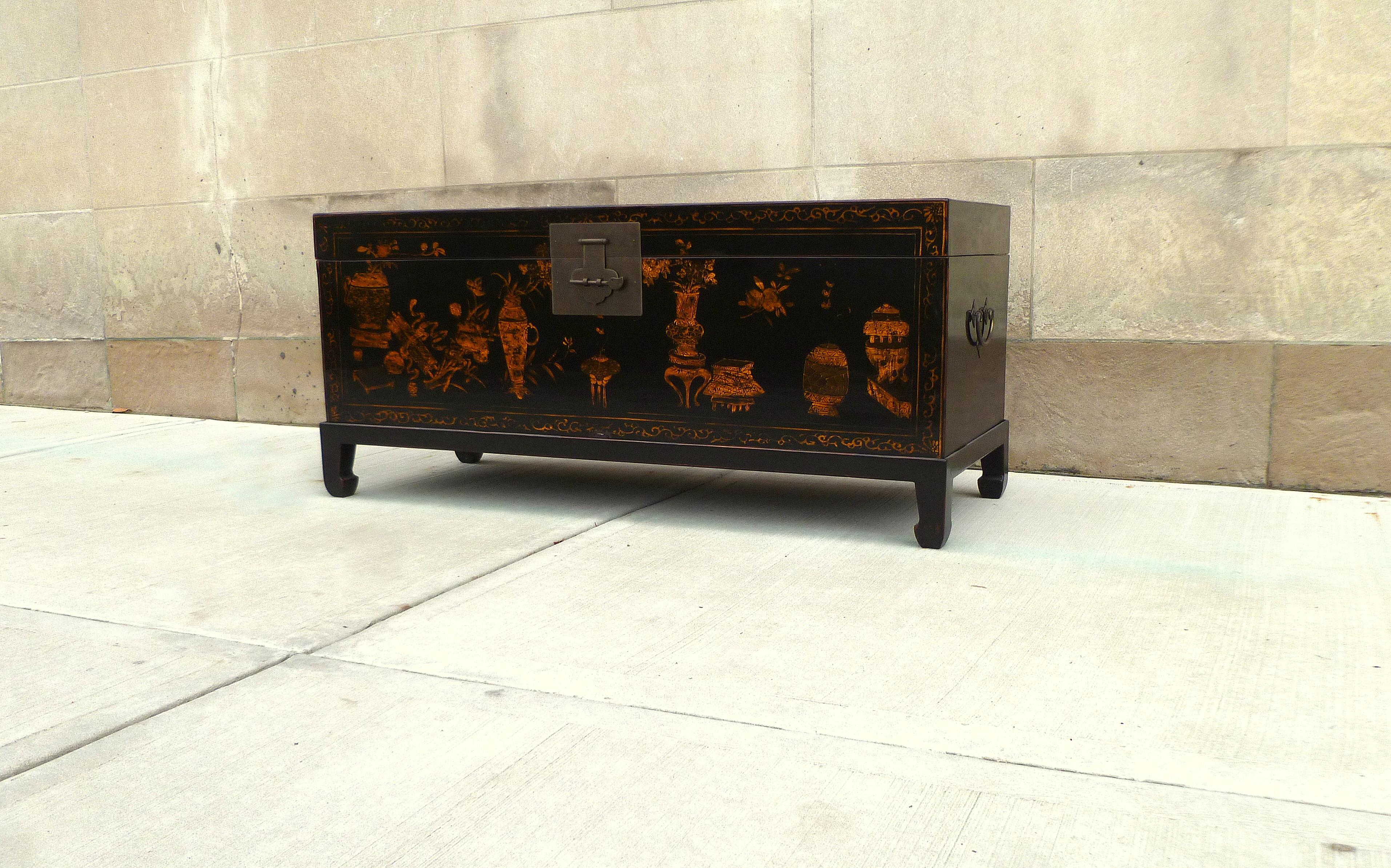 Chinese Fine Black Lacquer Trunk with Gilt Motif