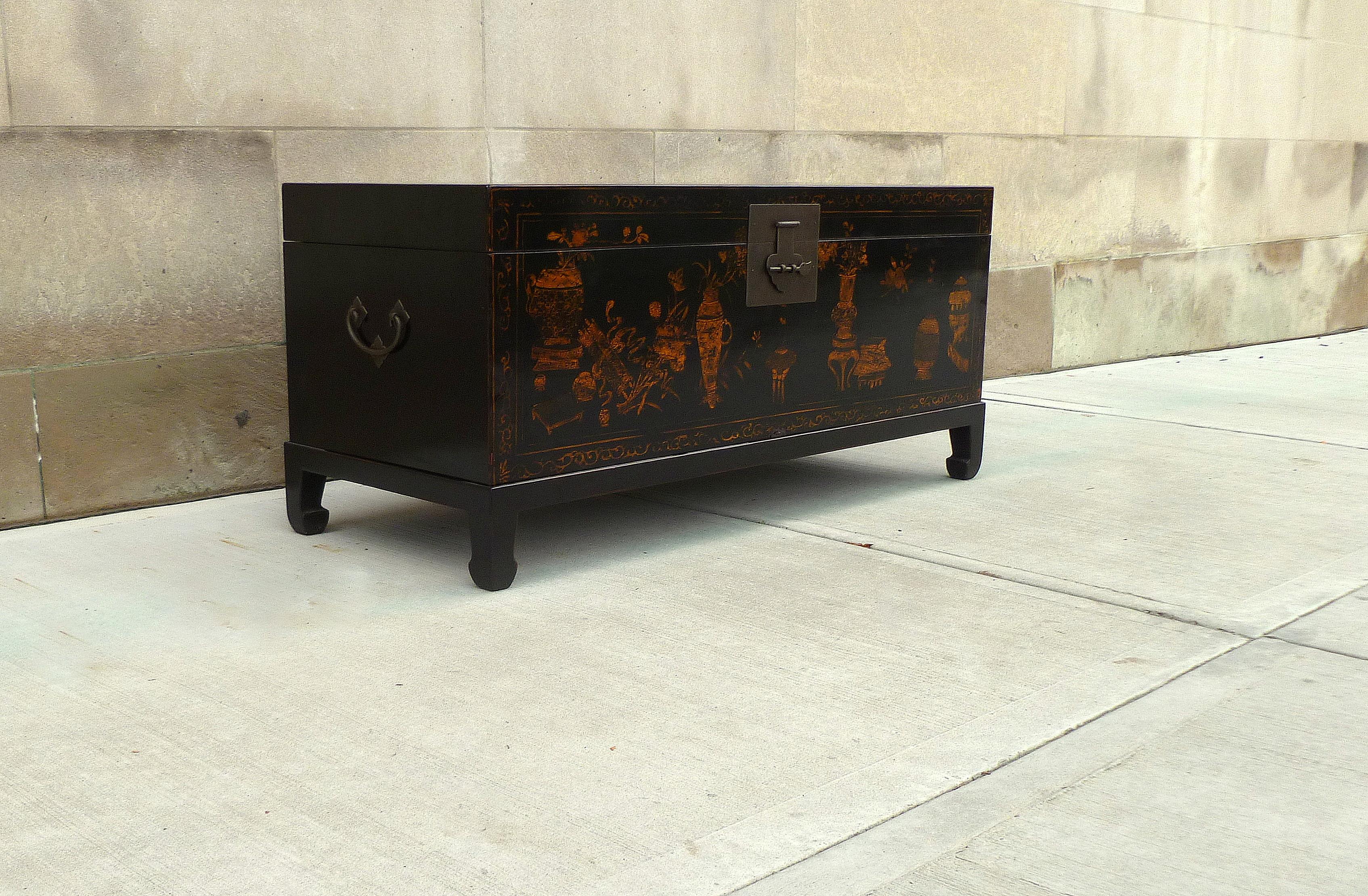 Mid-20th Century Fine Black Lacquer Trunk with Gilt Motif