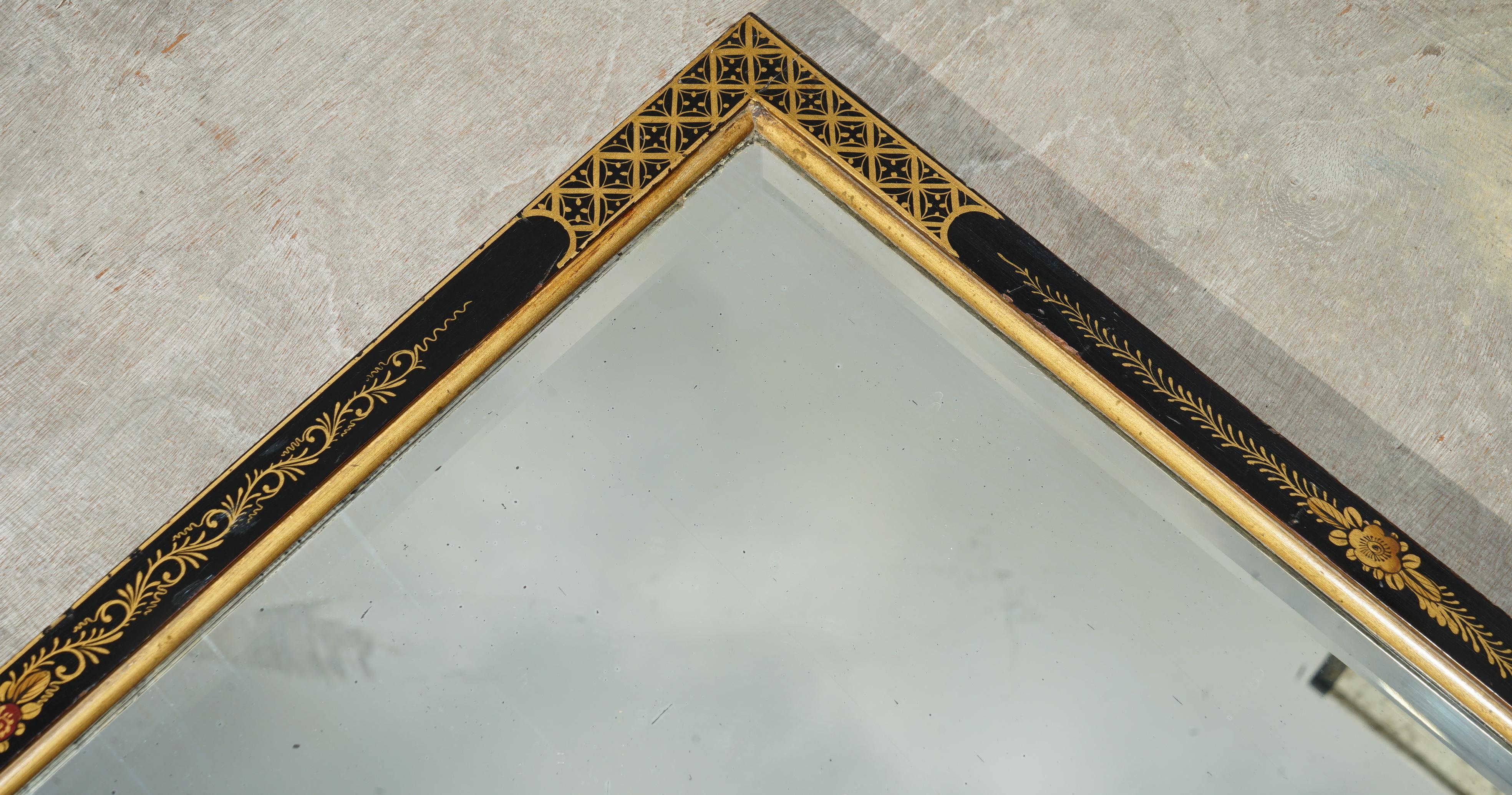 Fine Black Lacquered Antique Chinese Chinoiserie Mirror Original Plate Glass 11