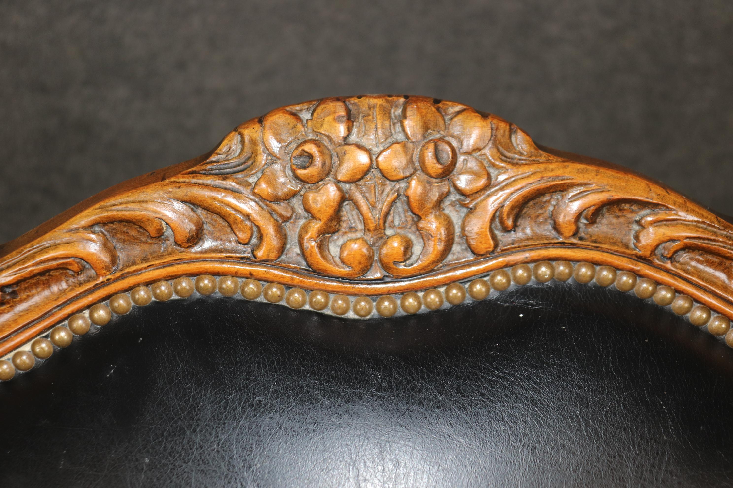 Fine Black Leather Carved French Louis XV Style Bergere Chair and Ottoman 6