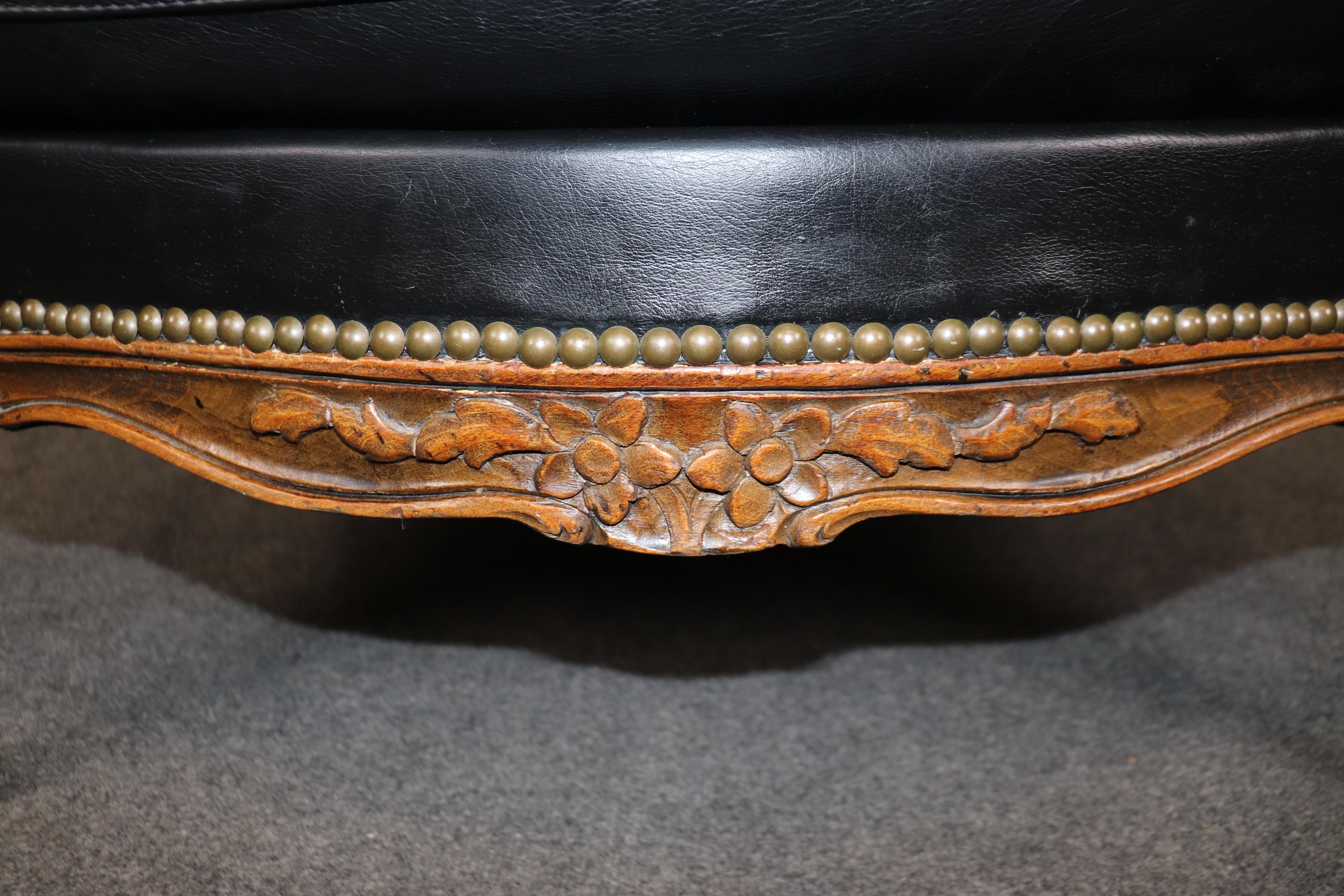 Fine Black Leather Carved French Louis XV Style Bergere Chair and Ottoman 8
