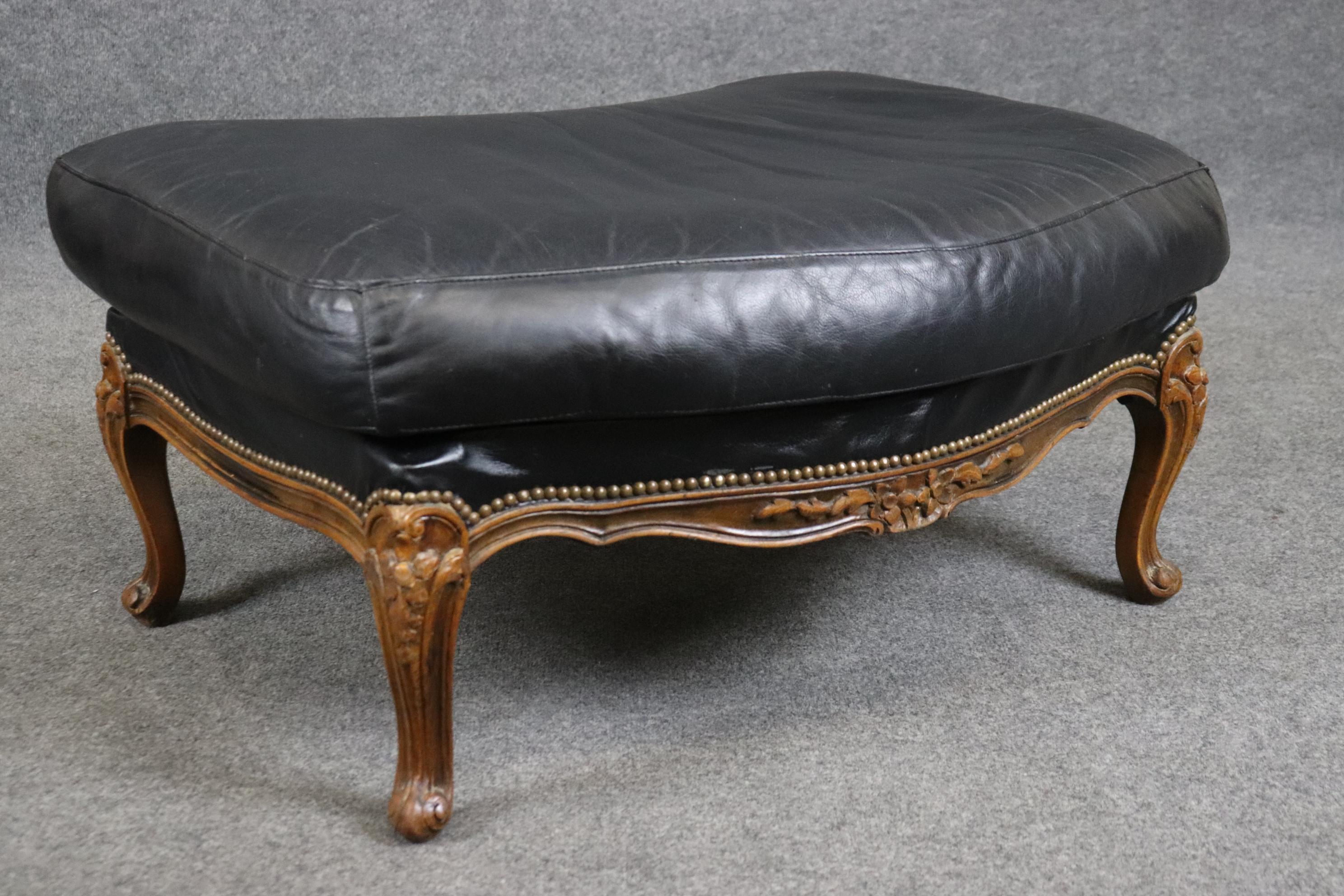 Fine Black Leather Carved French Louis XV Style Bergere Chair and Ottoman 9