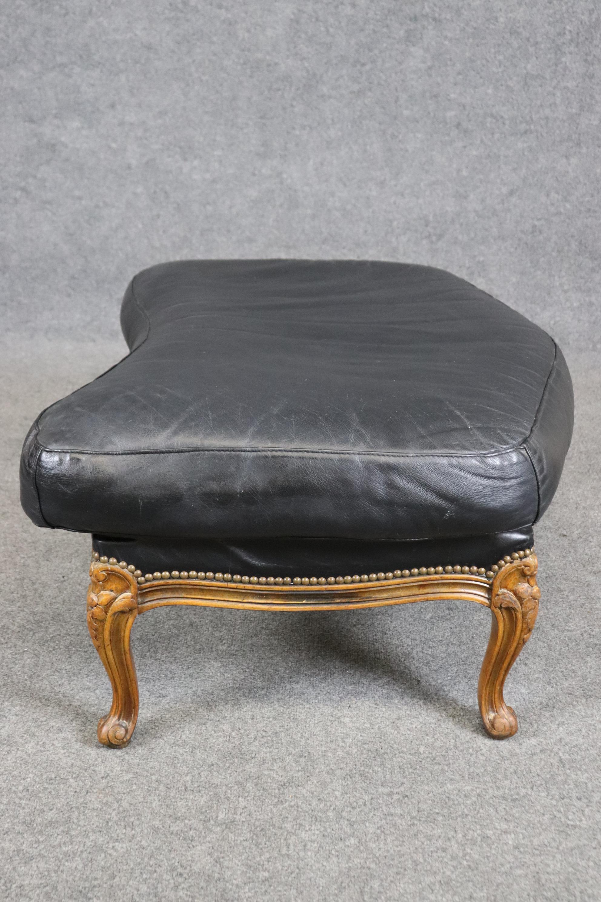 Fine Black Leather Carved French Louis XV Style Bergere Chair and Ottoman 10
