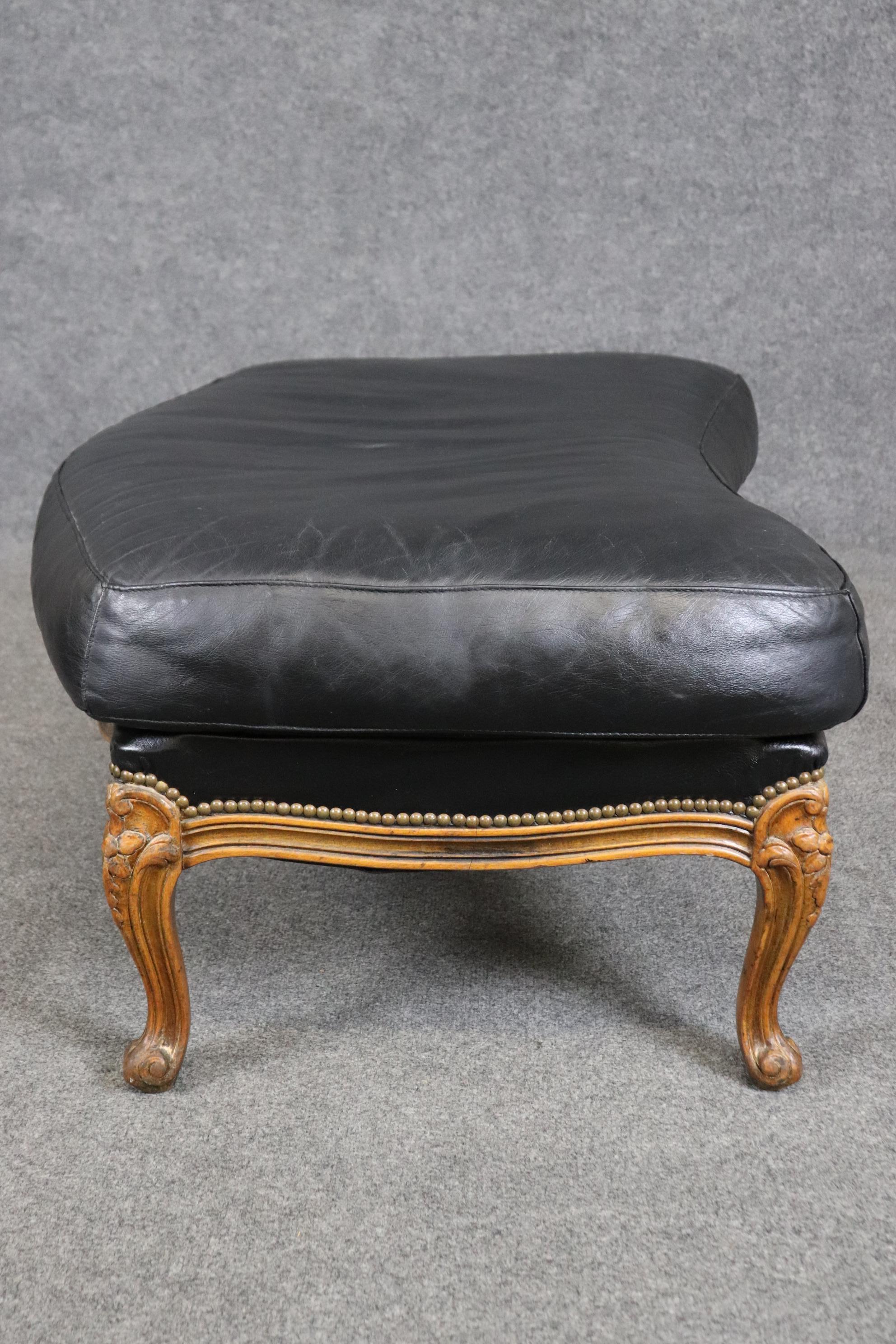 Fine Black Leather Carved French Louis XV Style Bergere Chair and Ottoman 11