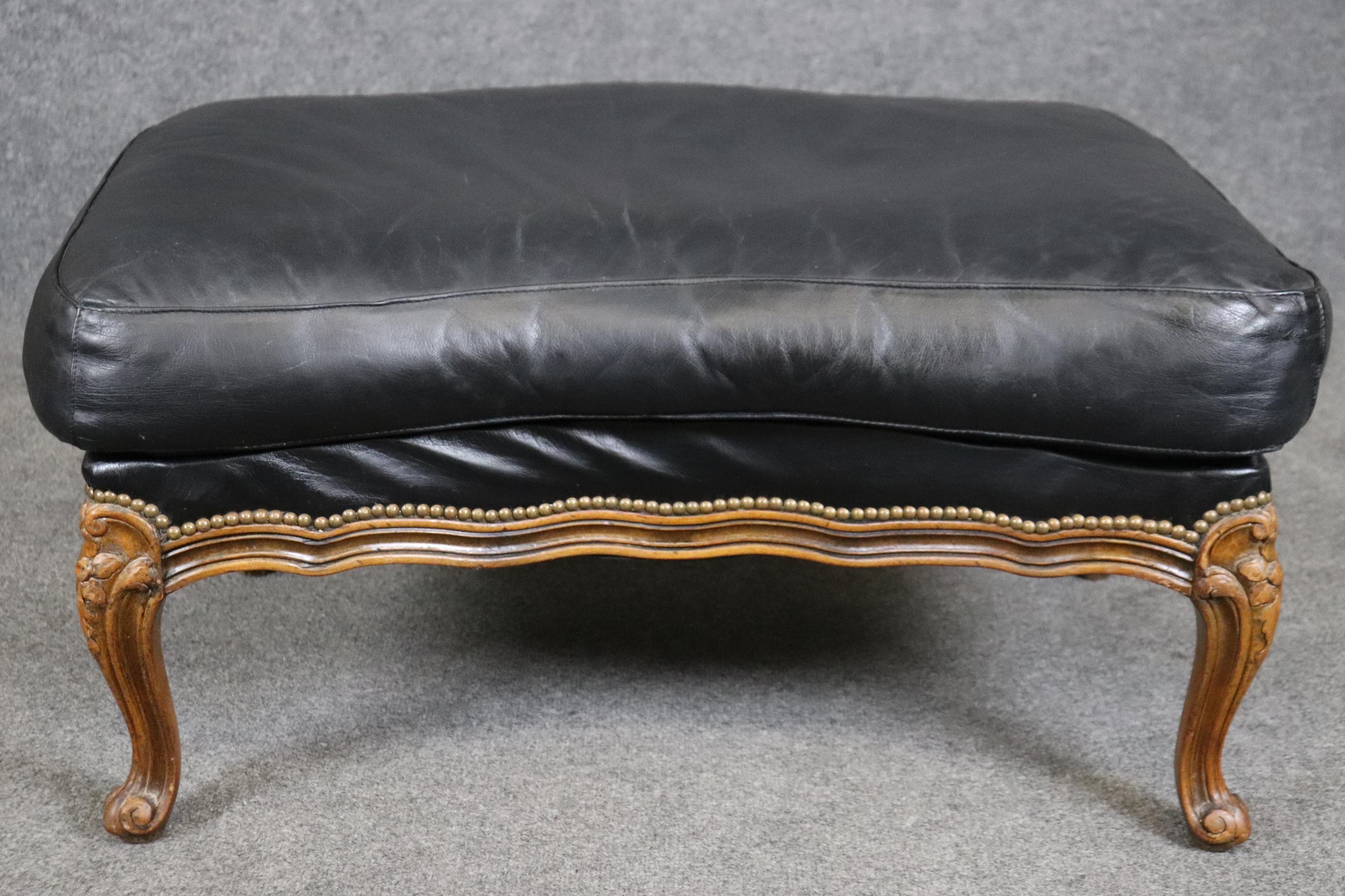 Fine Black Leather Carved French Louis XV Style Bergere Chair and Ottoman 13