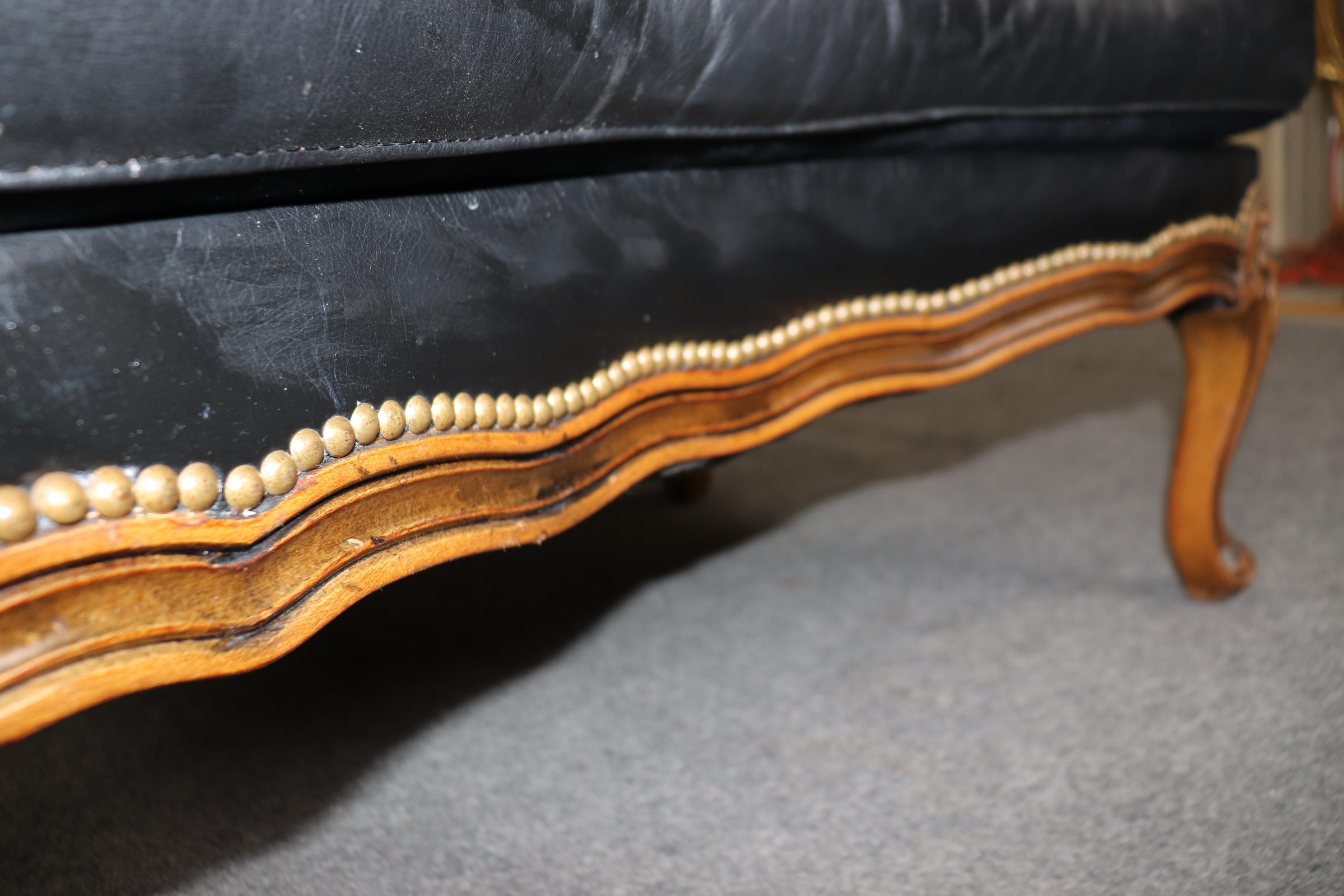 Fine Black Leather Carved French Louis XV Style Bergere Chair and Ottoman 15