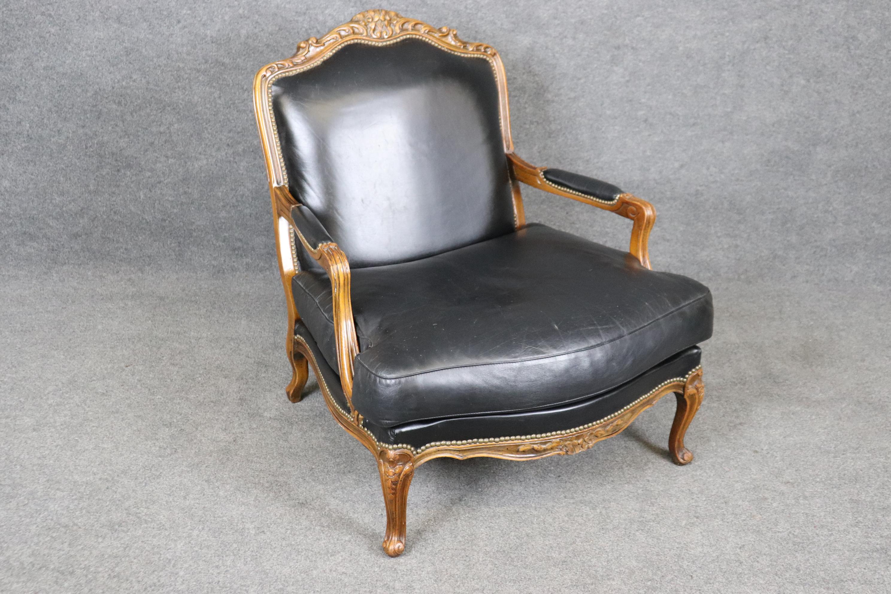 American Fine Black Leather Carved French Louis XV Style Bergere Chair and Ottoman
