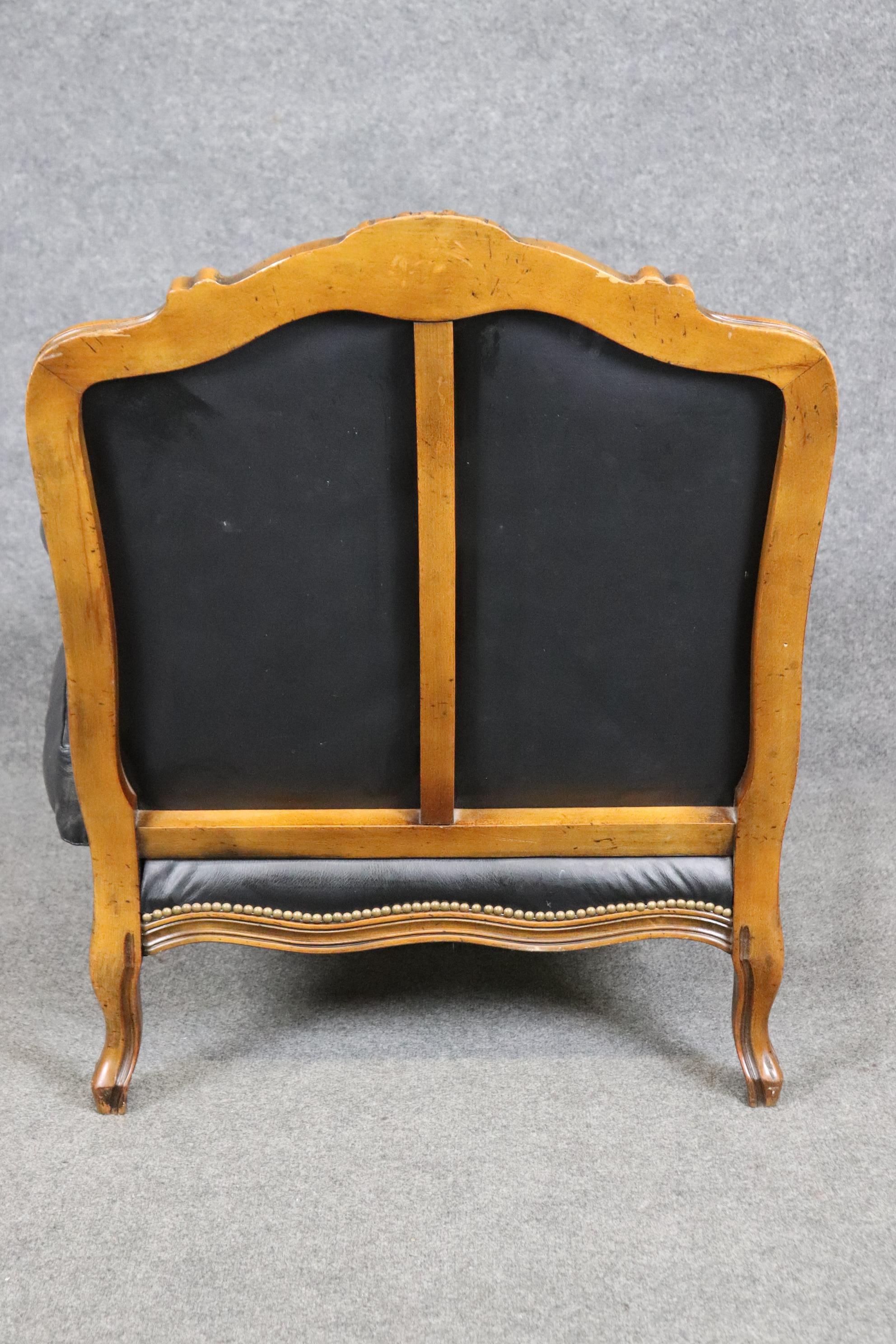 Fine Black Leather Carved French Louis XV Style Bergere Chair and Ottoman 1