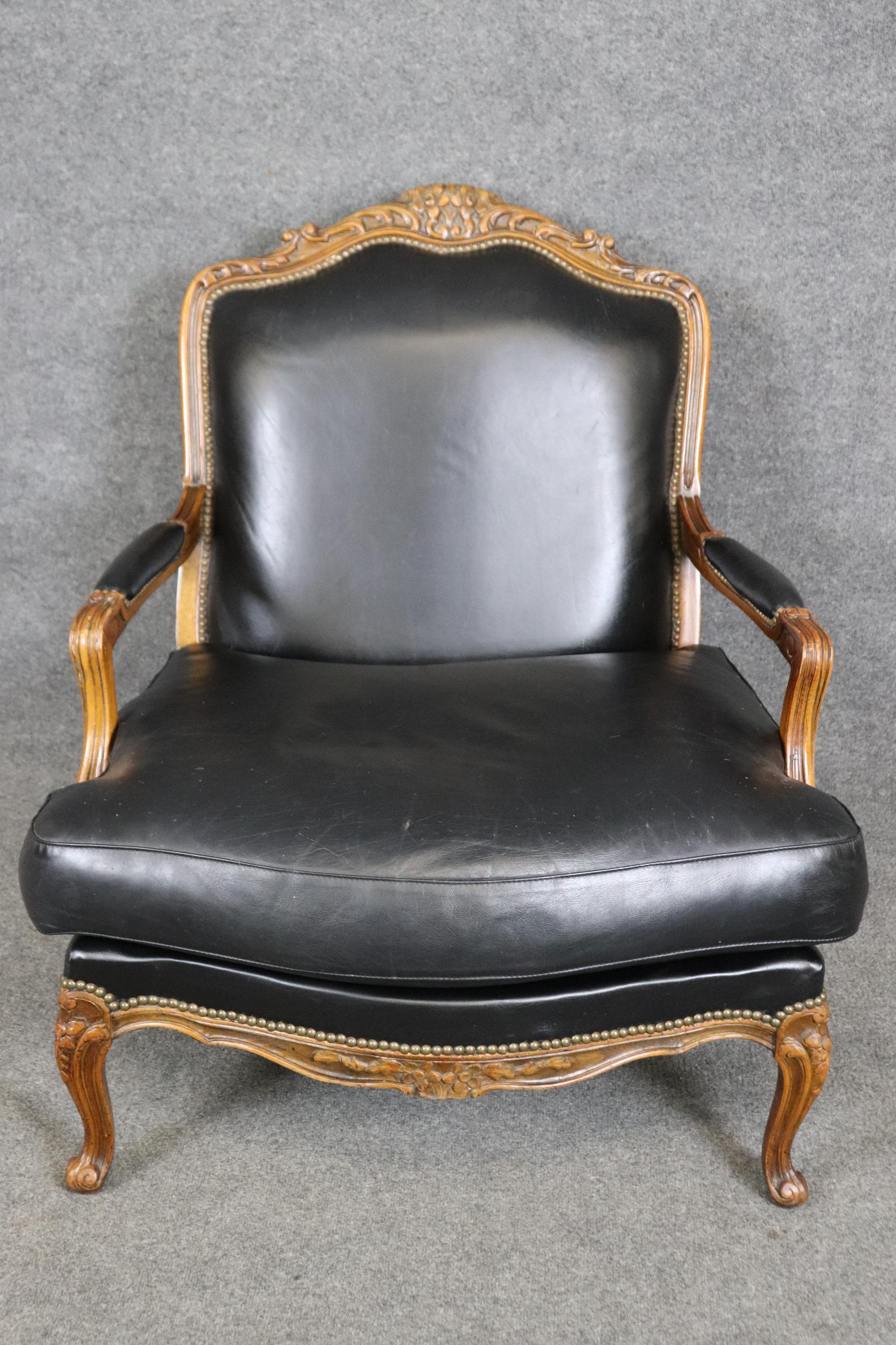 Fine Black Leather Carved French Louis XV Style Bergere Chair and Ottoman 2