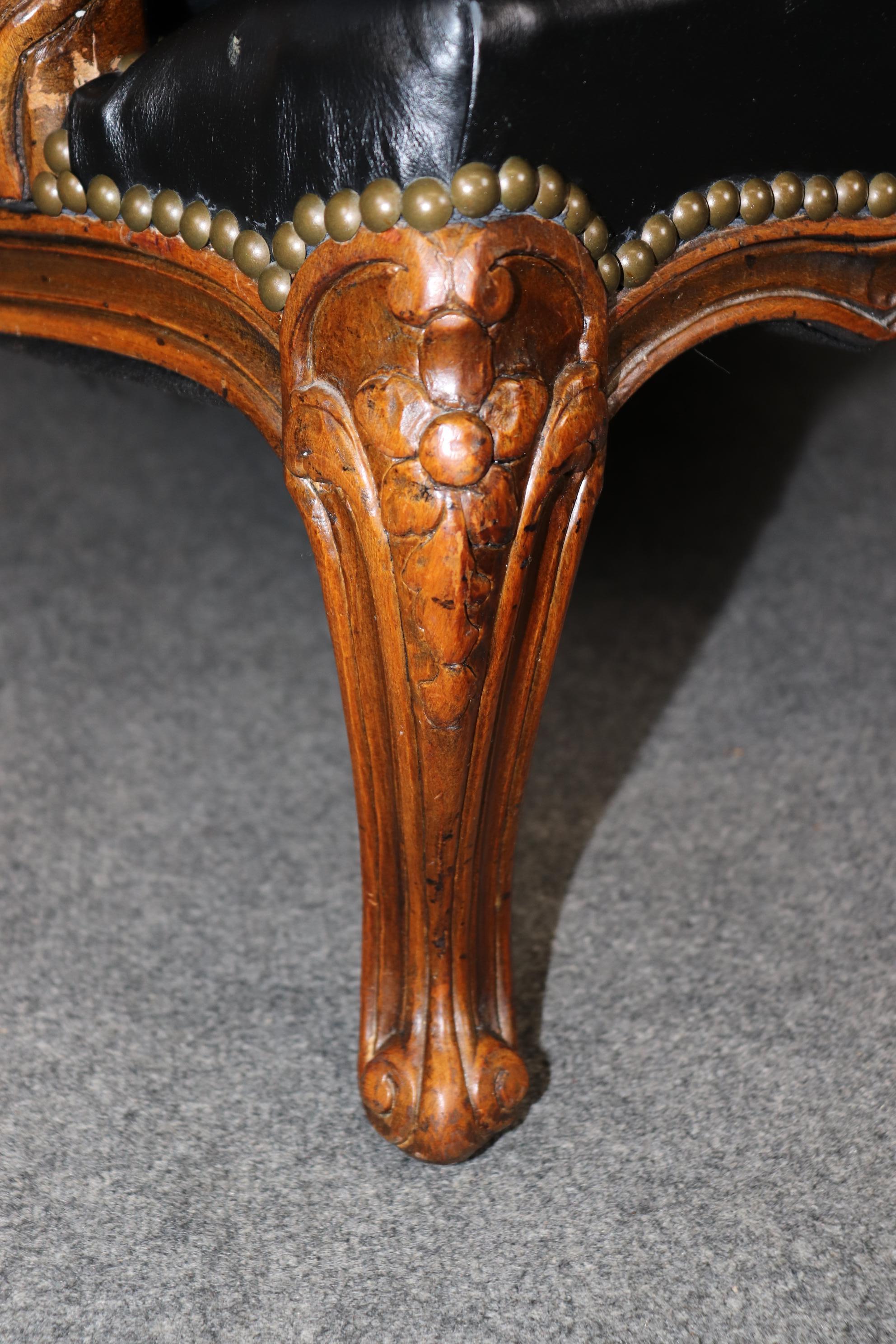 Fine Black Leather Carved French Louis XV Style Bergere Chair and Ottoman 3