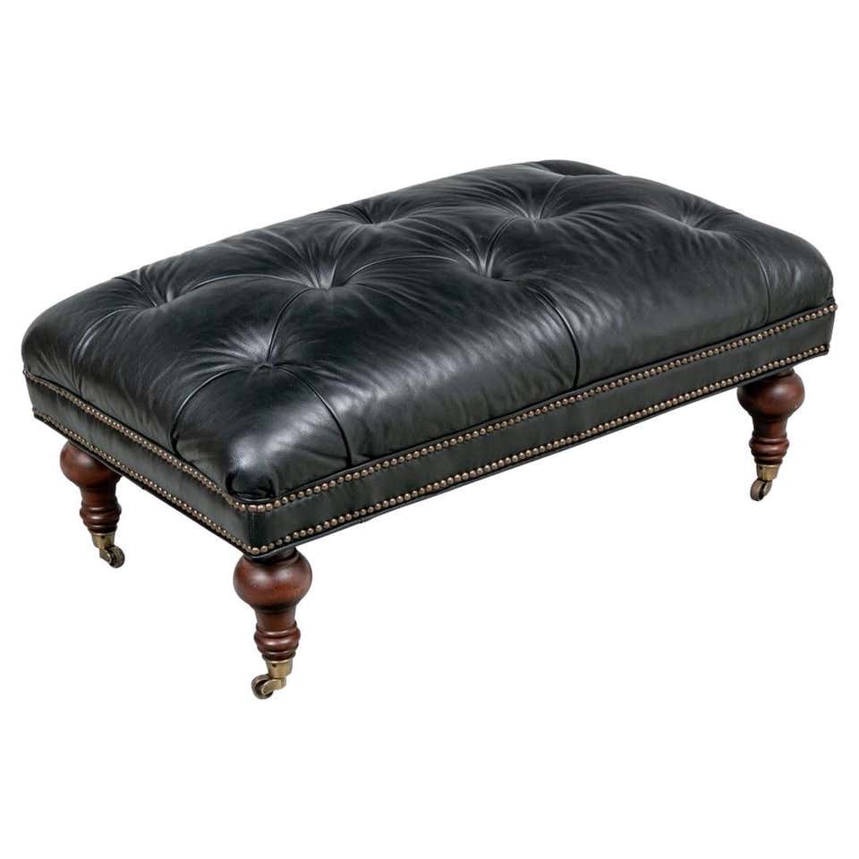 Mid-Century Modern Tufted Black Leather Upholstered Bench at 1stDibs
