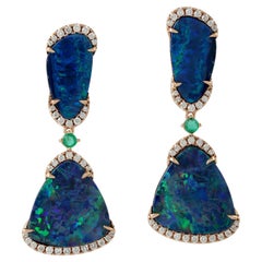 Fine Black Opal Emerald & Diamond Earrings Total 8.50 Carats 18k Rose Gold