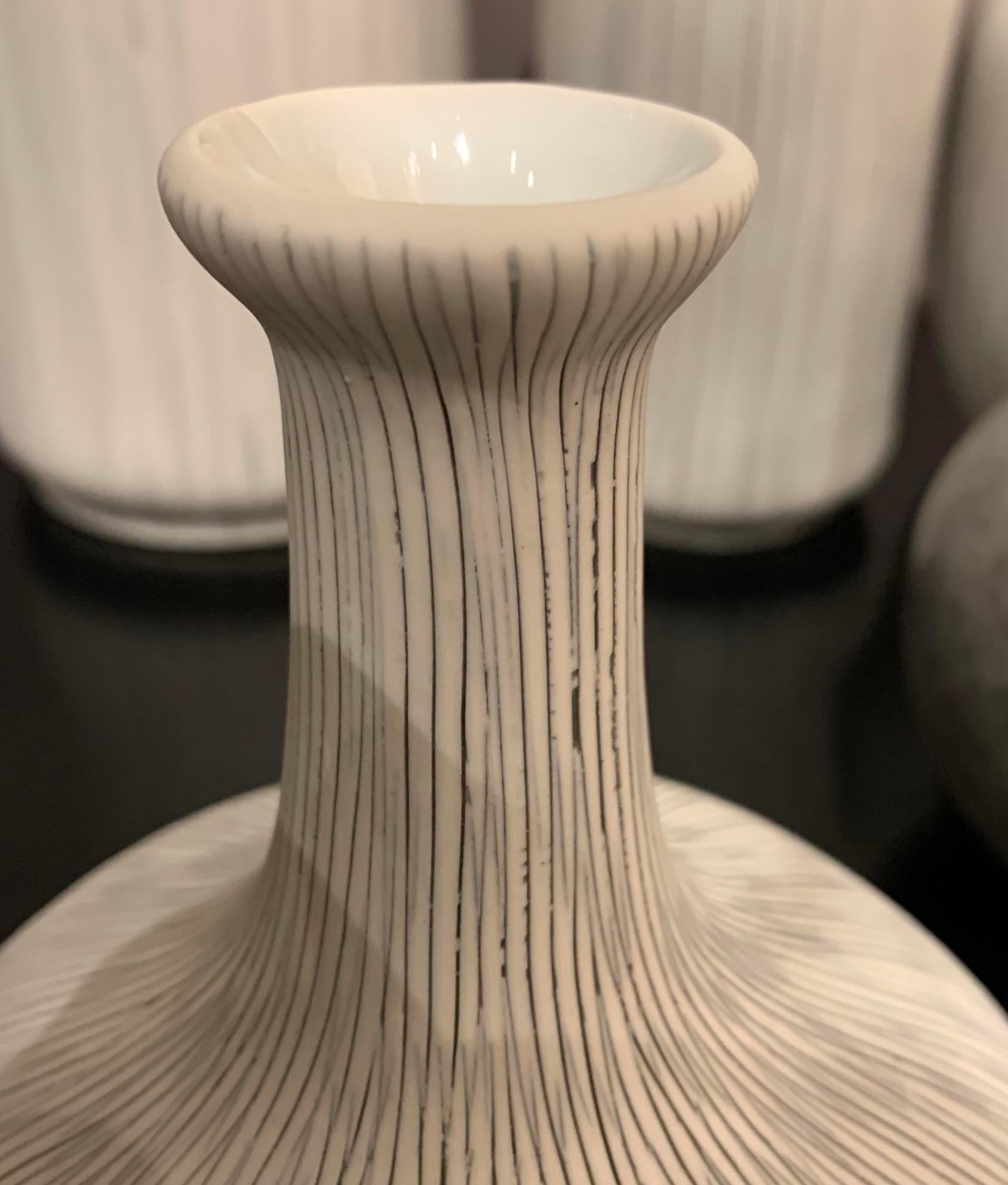 Ceramic Fine Black Stripes on White Porcelain Vase, Thailand, Contemporary