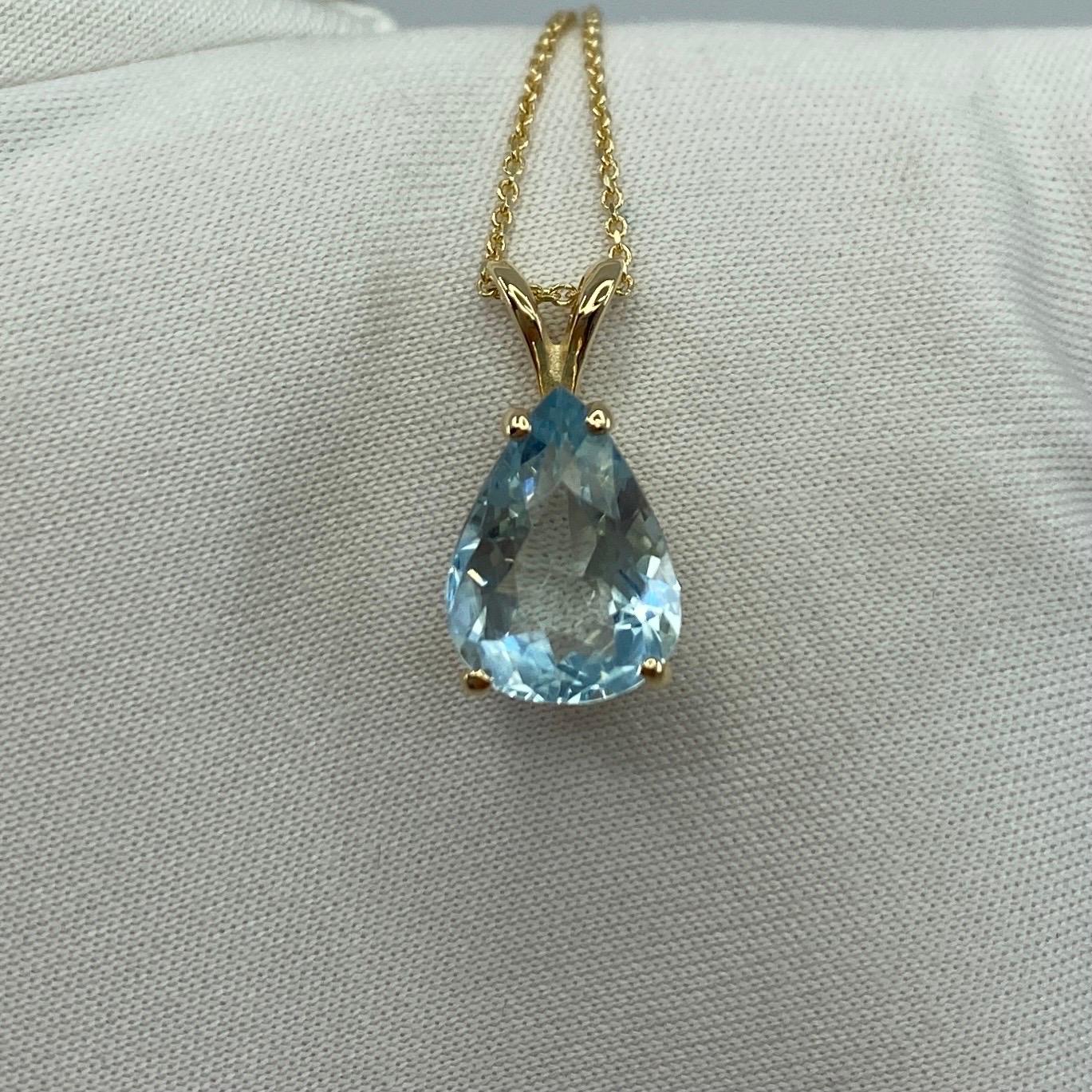 Fine Natural Blue Aquamarine Pendant Necklace.

2.20 Carat Aquamarine with a stunning blue colour set in a fine 14k yellow gold solitaire pendant.
The aquamarine has an excellent pear cut showing lots of brightness and light return. Very sparkly. It