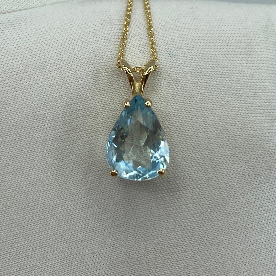 Pear Cut Fine Blue Aquamarine 2.20 Carat Pear Teardrop Cut Yellow Gold Pendant Necklace