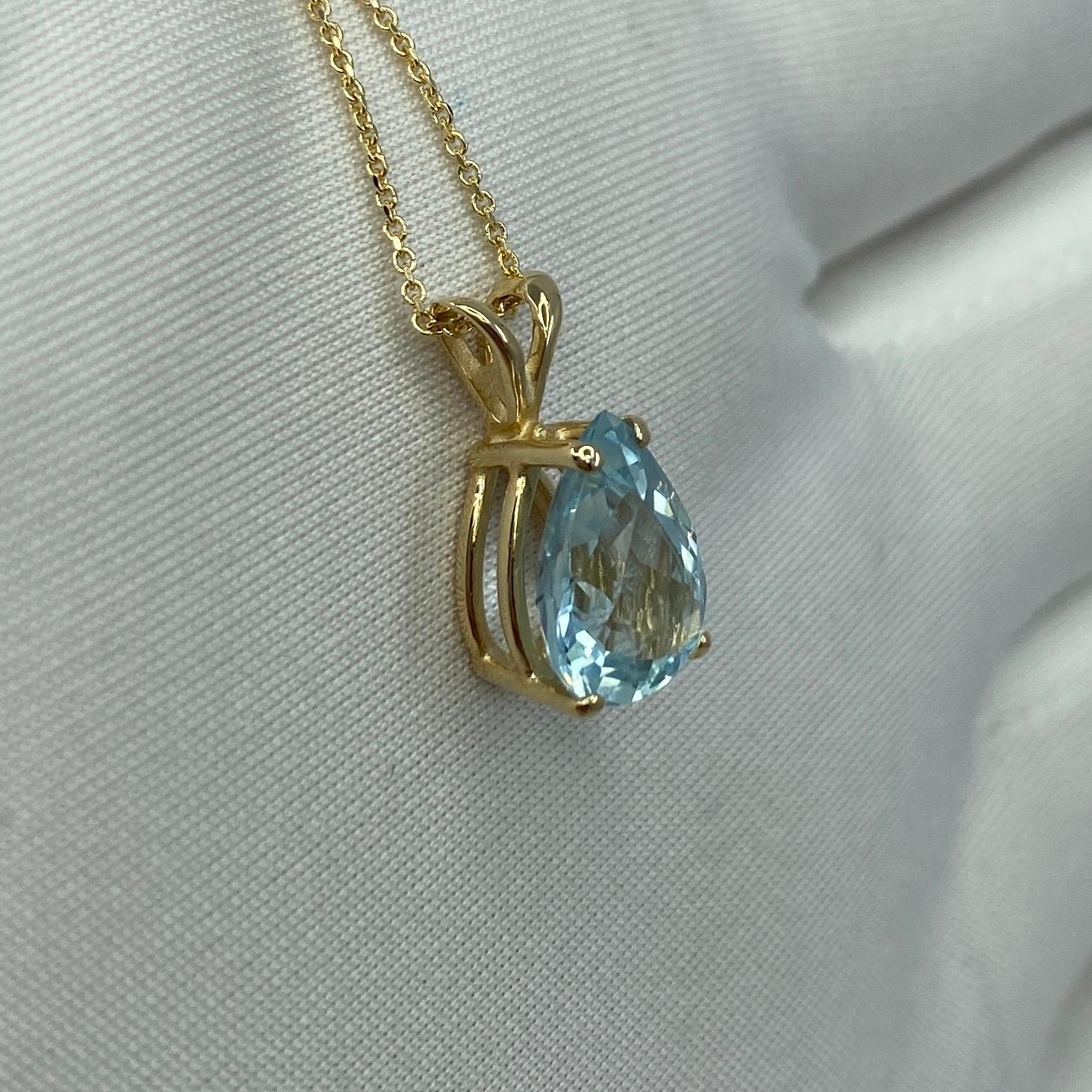 Fine Blue Aquamarine 2.20 Carat Pear Teardrop Cut Yellow Gold Pendant Necklace 1