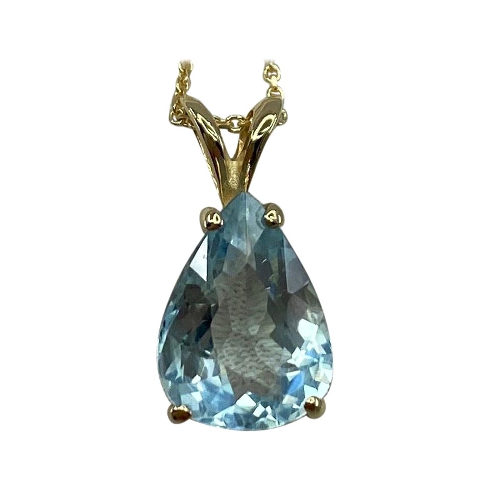 Collier pendentif en or jaune avec aigue-marine bleue de 2,20 carats taillée en forme de poire et goutte d
eau