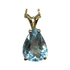 Fine Blue Aquamarine 2.20 Carat Pear Teardrop Cut Yellow Gold Pendant Necklace