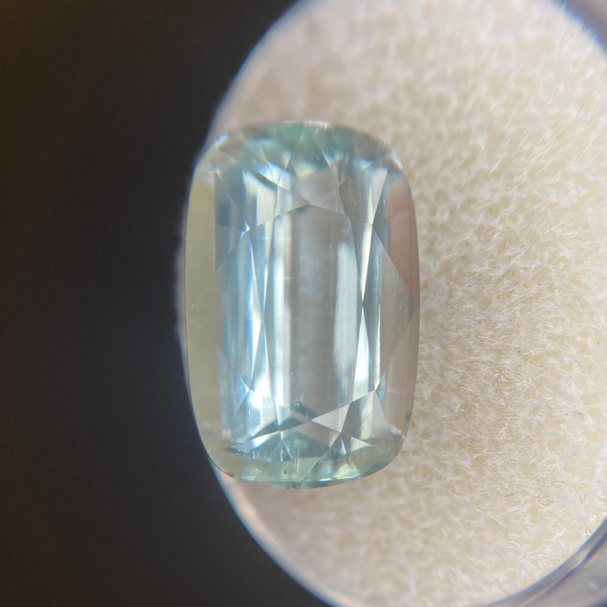 Natural Bright Blue Aquamarine Gemstone.

8.17 Carat with a beautiful bright vivid blue colour and excellent clarity. Very clean gem. Also has an excellent cushion cut with ideal polish to show great shine and colour, would look lovely in