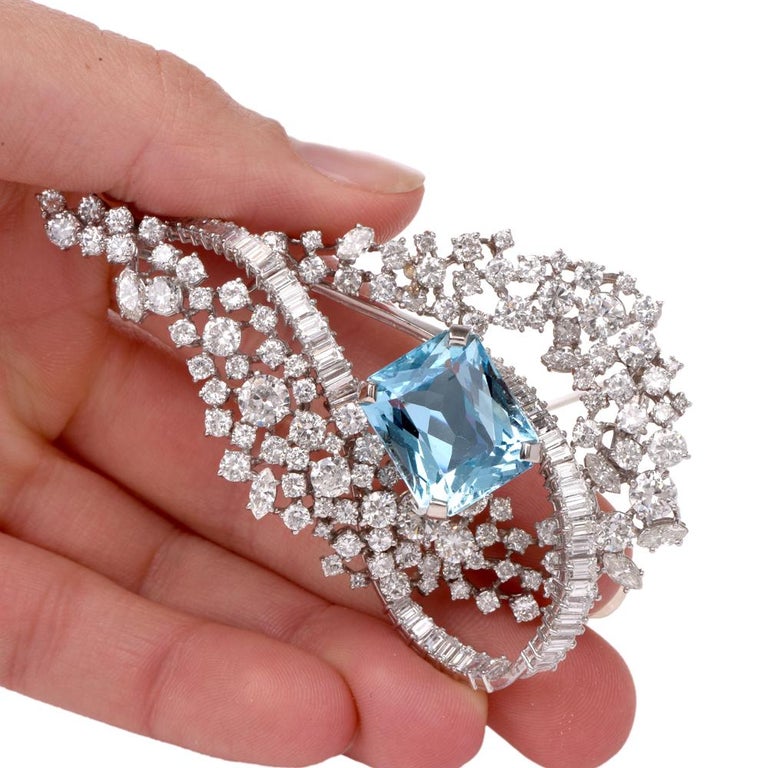 Fine Blue Aquamarine Diamond Lapel Pin Brooch For Sale at 1stdibs