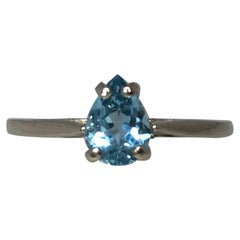 Fine Blue Aquamarine Pear Teardrop Cut 14 Karat White Gold Solitaire Ring