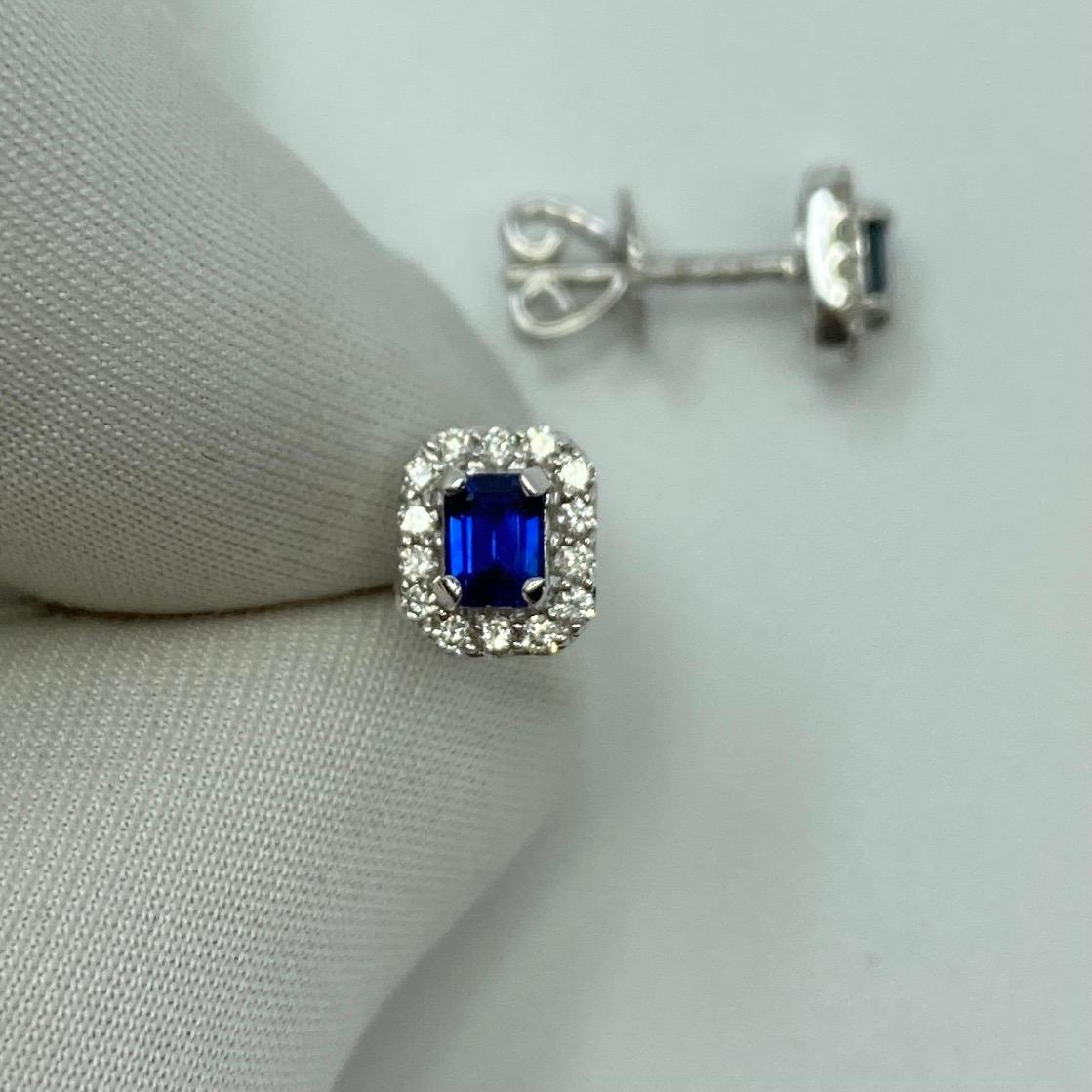 Fine Blue Ceylon Sapphire Diamond 18k White Gold Emerald Cut Earring Halo Studs 6