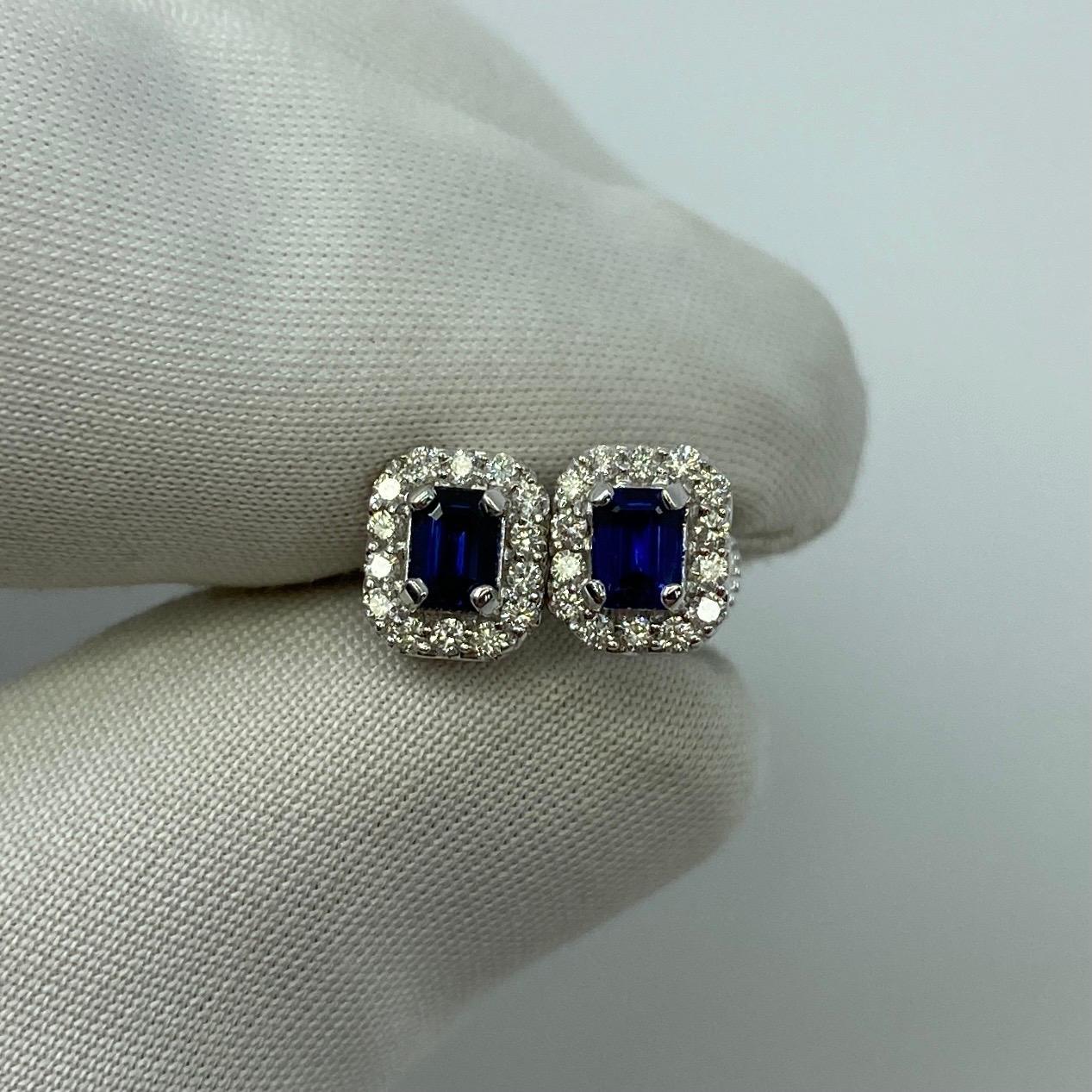 Fine Blue Ceylon Sapphire Diamond 18k White Gold Emerald Cut Earring Halo Studs 7