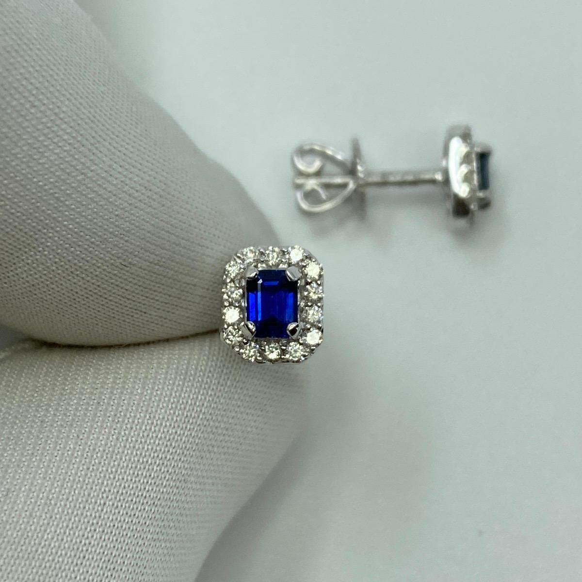 Ceylon Blue Sapphire & Diamond 18k White Gold Earring Halo Studs.

Fine blue 0.65tcw Ceylon sapphires with an excellent emerald cut and top clarity. Set in beautiful 18k white gold halo earring studs. Set with a total of 28 diamonds (0.21tcw) with