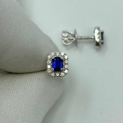 Fine Blue Ceylon Sapphire Diamond 18k White Gold Emerald Cut Earring Halo Studs