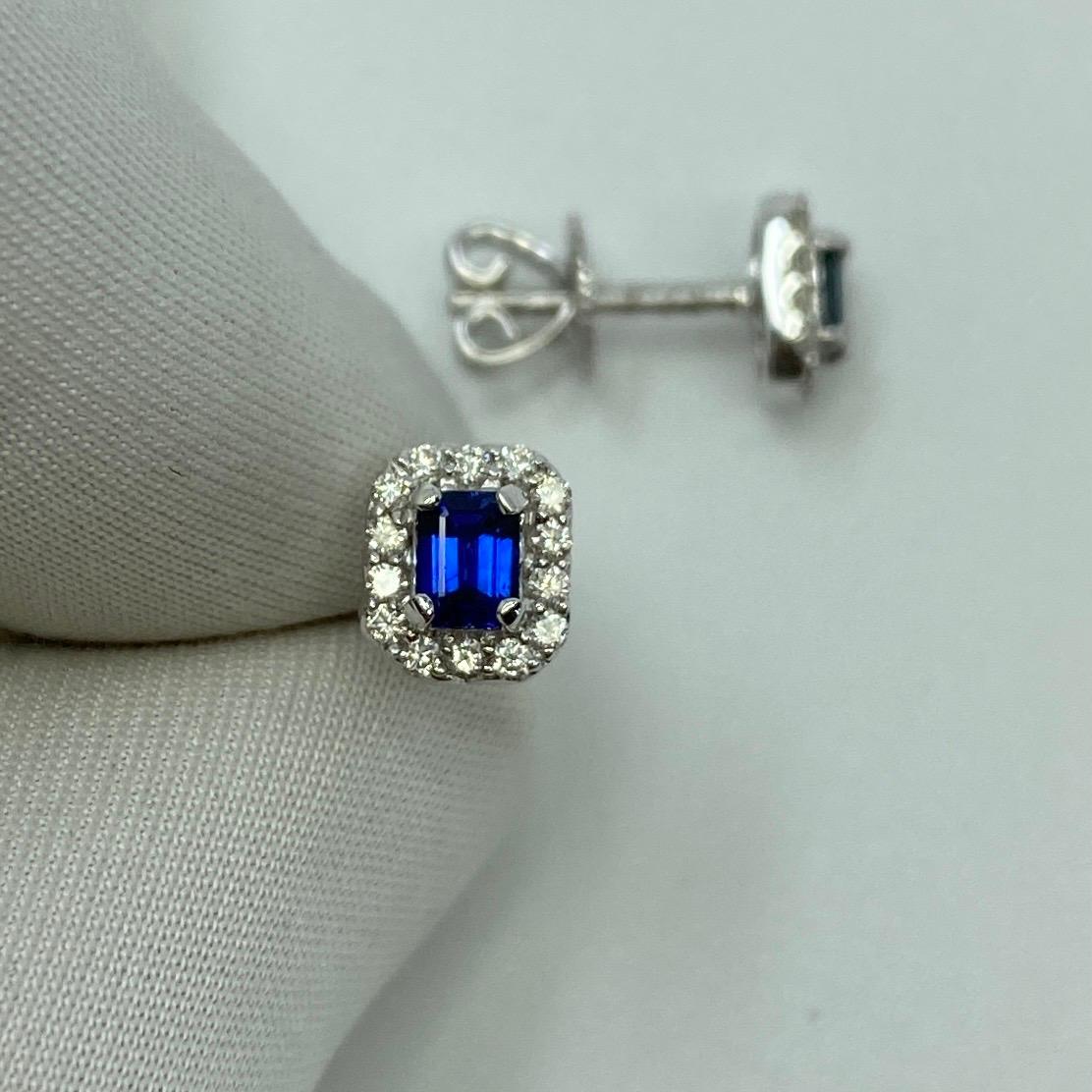 Fine Blue Ceylon Sapphire Diamond 18k White Gold Emerald Cut Earring Halo Studs In New Condition In Birmingham, GB