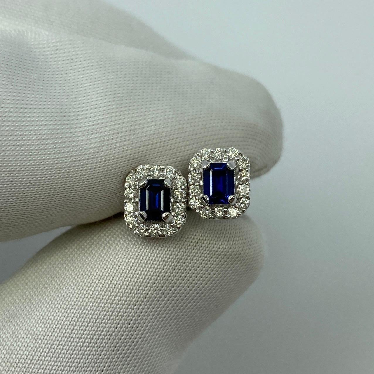 Women's or Men's Fine Blue Ceylon Sapphire Diamond 18k White Gold Emerald Cut Earring Halo Studs