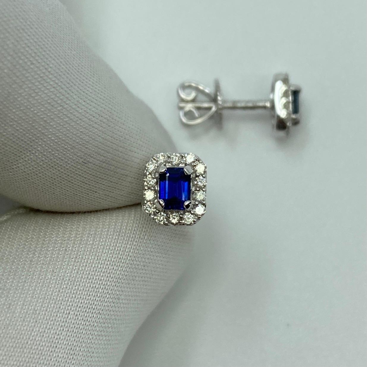 Fine Blue Ceylon Sapphire Diamond 18k White Gold Emerald Cut Earring Halo Studs 1