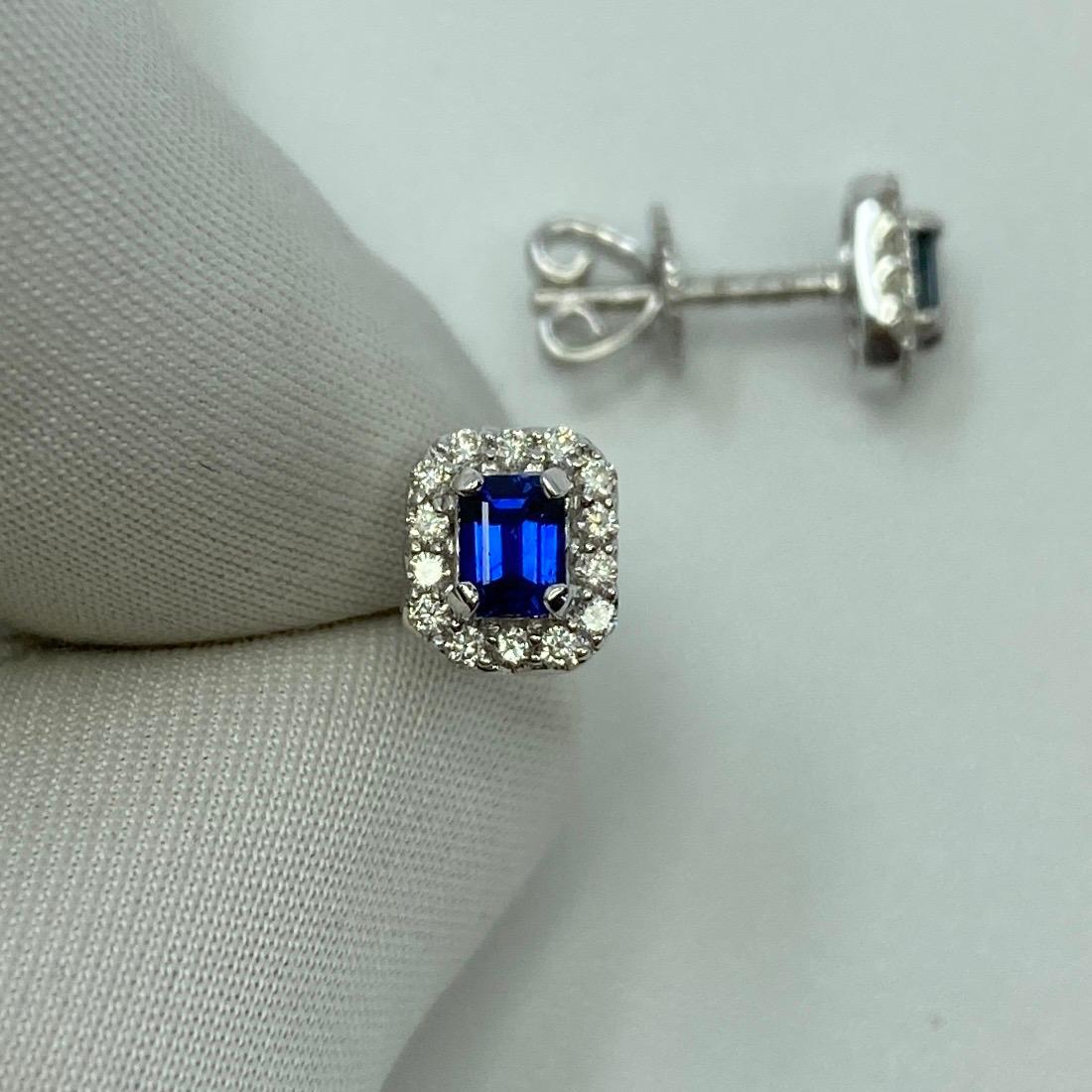 Fine Blue Ceylon Sapphire Diamond 18k White Gold Emerald Cut Earring Halo Studs 2