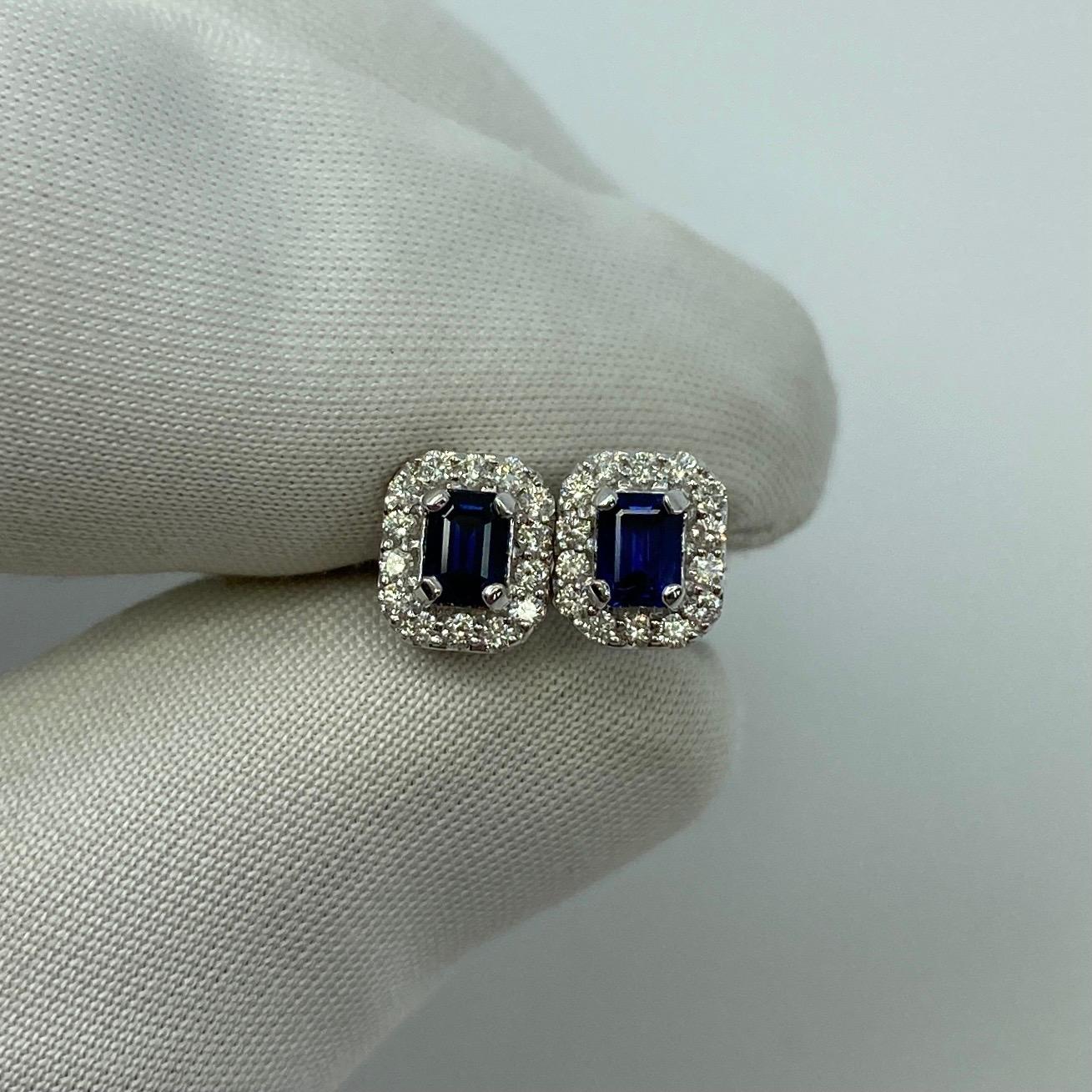 Fine Blue Ceylon Sapphire Diamond 18k White Gold Emerald Cut Earring Halo Studs 3