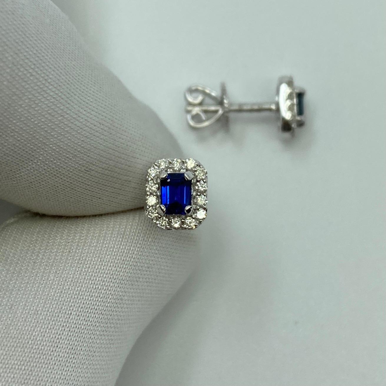 Fine Blue Ceylon Sapphire Diamond 18k White Gold Emerald Cut Earring Halo Studs 4
