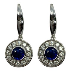 Fine Blue Ceylon Sapphire Diamond 18k White Gold Round Cut Halo Drop Earrings