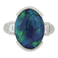 Fine Blue-Green Black Opal Diamond Platinum Ring