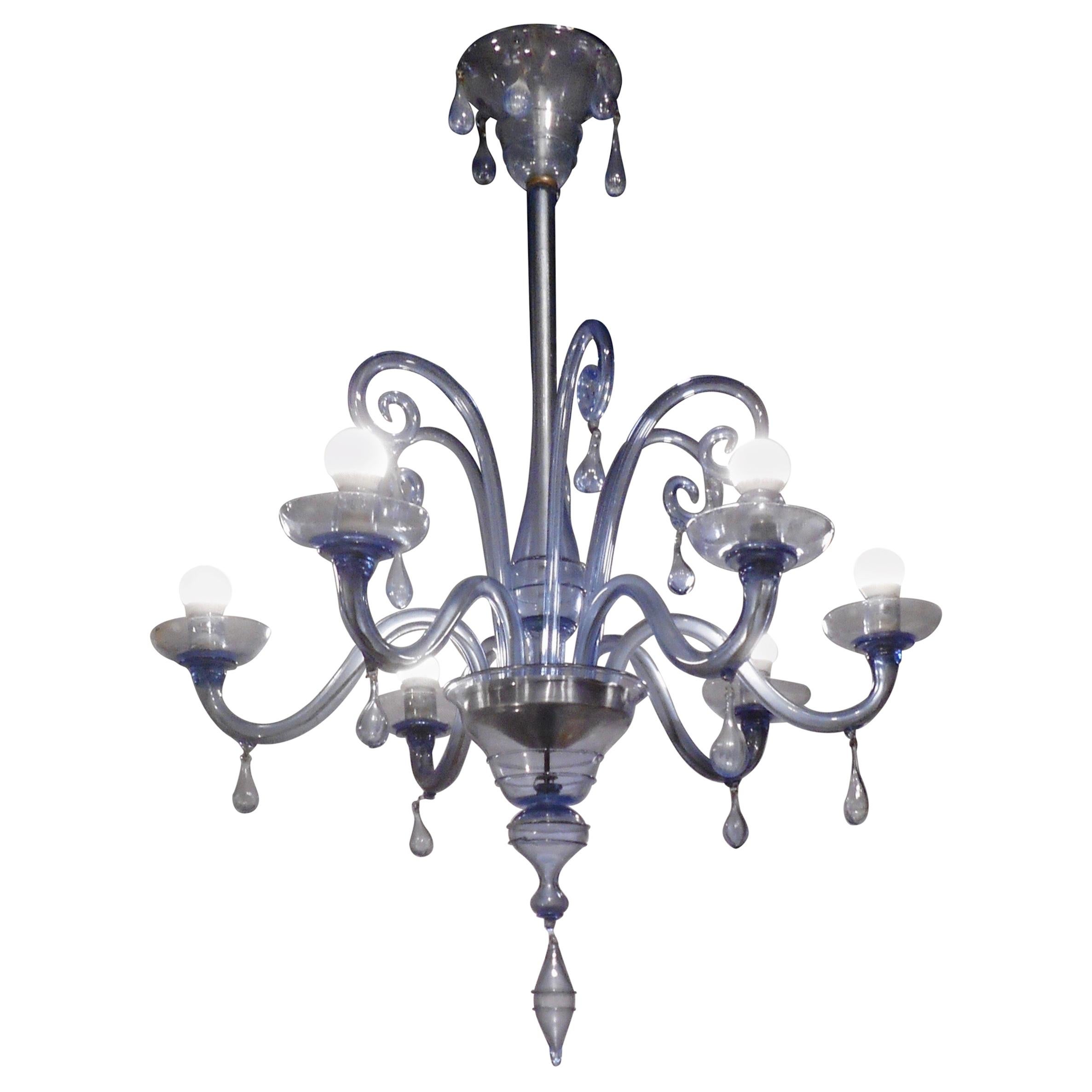 Fine Blue Murano Chandelier Attributed to Venini, Cappellin, Italy, 1930