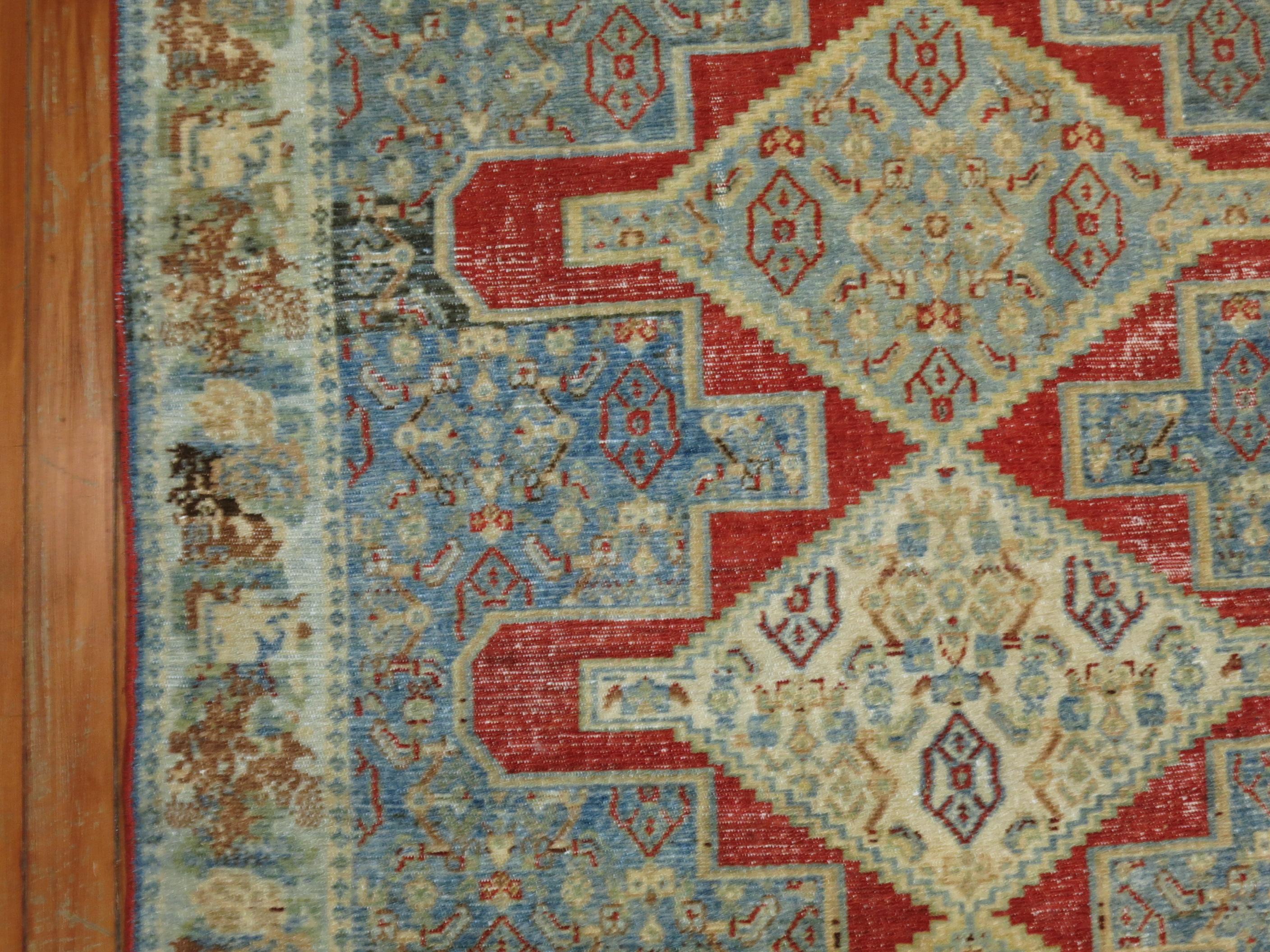 Hand-Woven Fine Blue Red Antique Persian Senneh Rug For Sale
