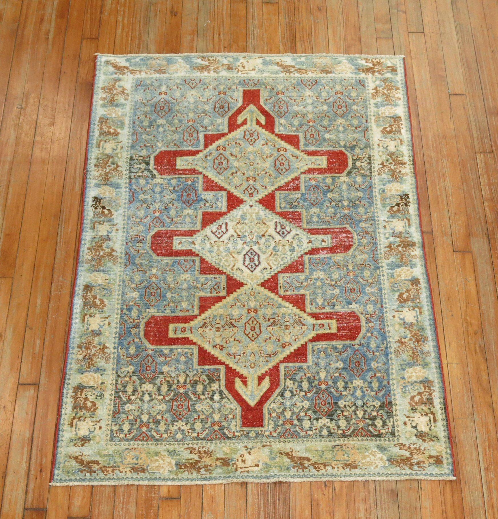 Wool Fine Blue Red Antique Persian Senneh Rug For Sale