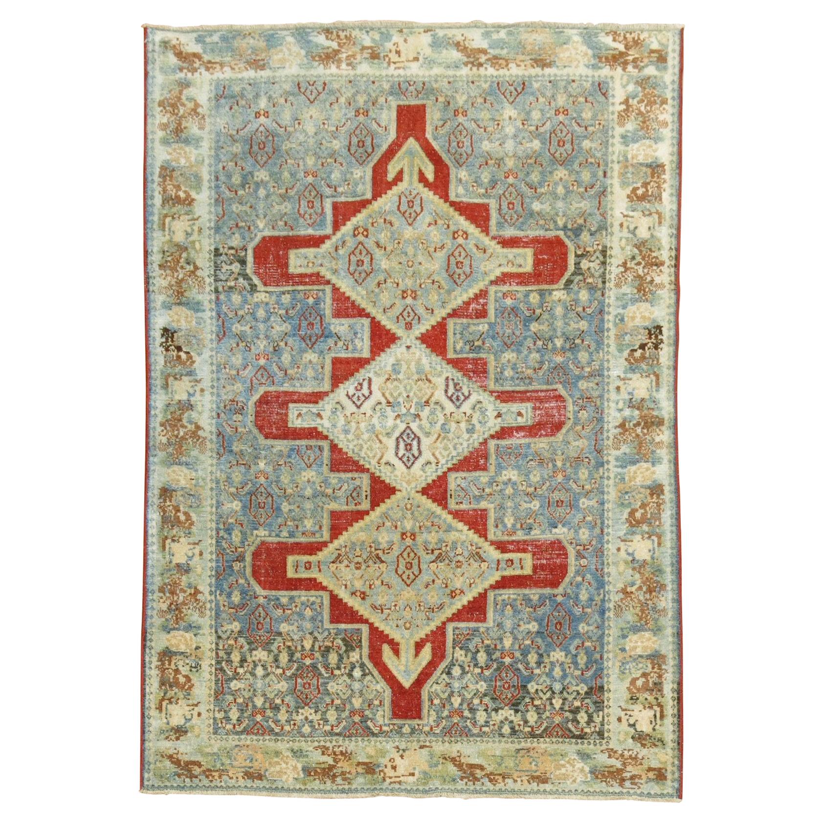 Fine Blue Red Antique Persian Senneh Rug For Sale