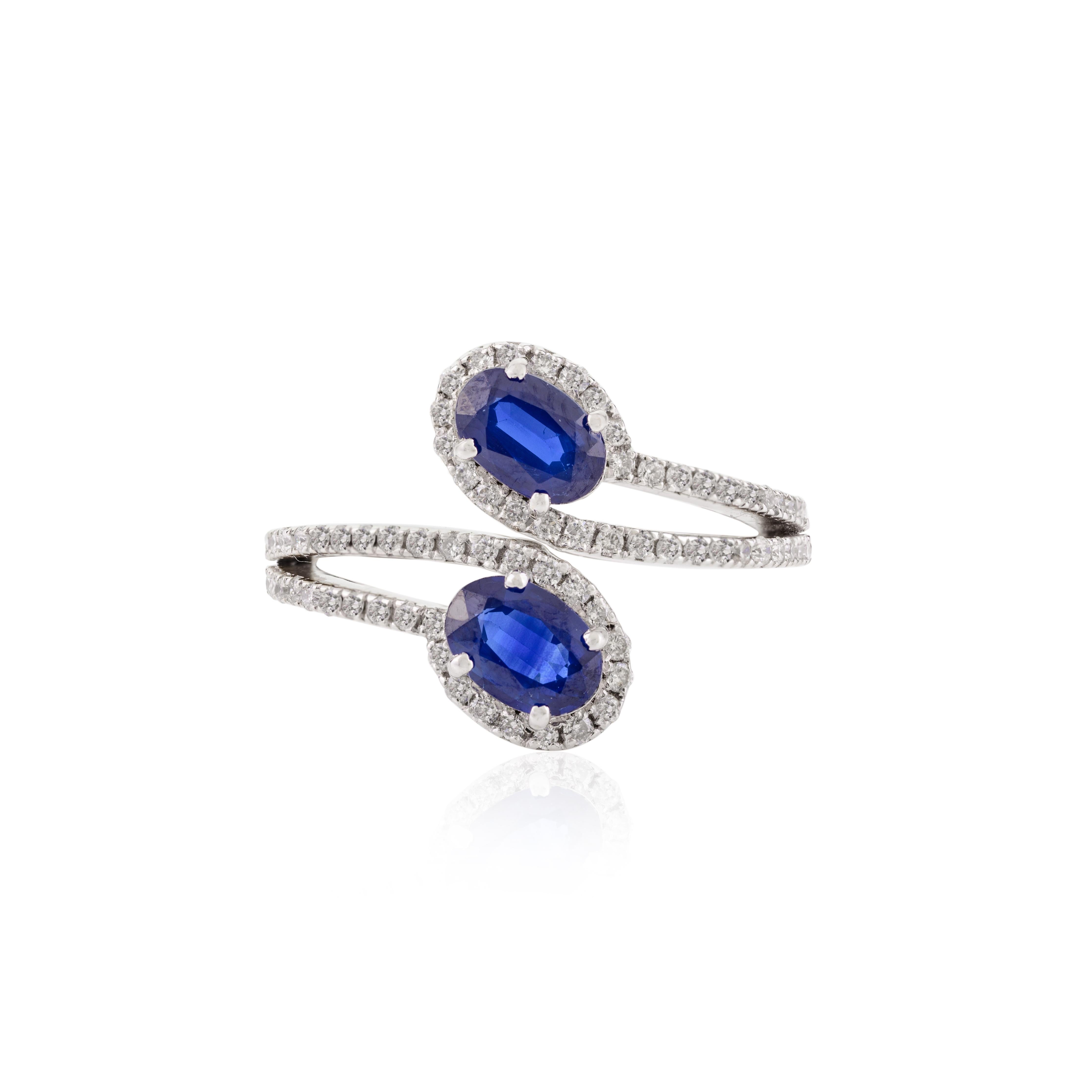 For Sale:  Fine Blue Sapphire Diamond By Pass Wedding Ring for Her in 14k Solid White Gold 7