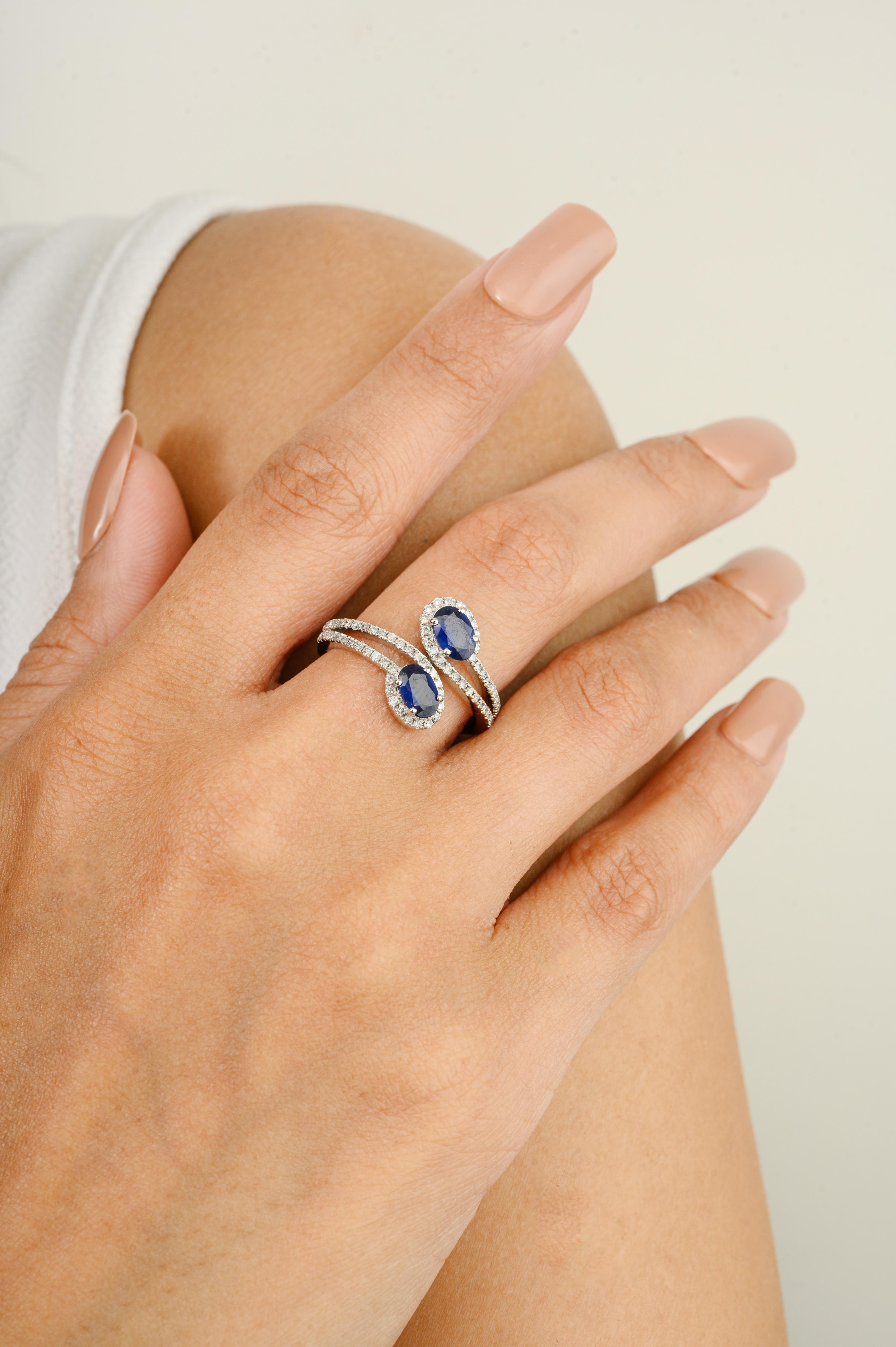 For Sale:  Fine Blue Sapphire Diamond By Pass Wedding Ring for Her in 14k Solid White Gold 8