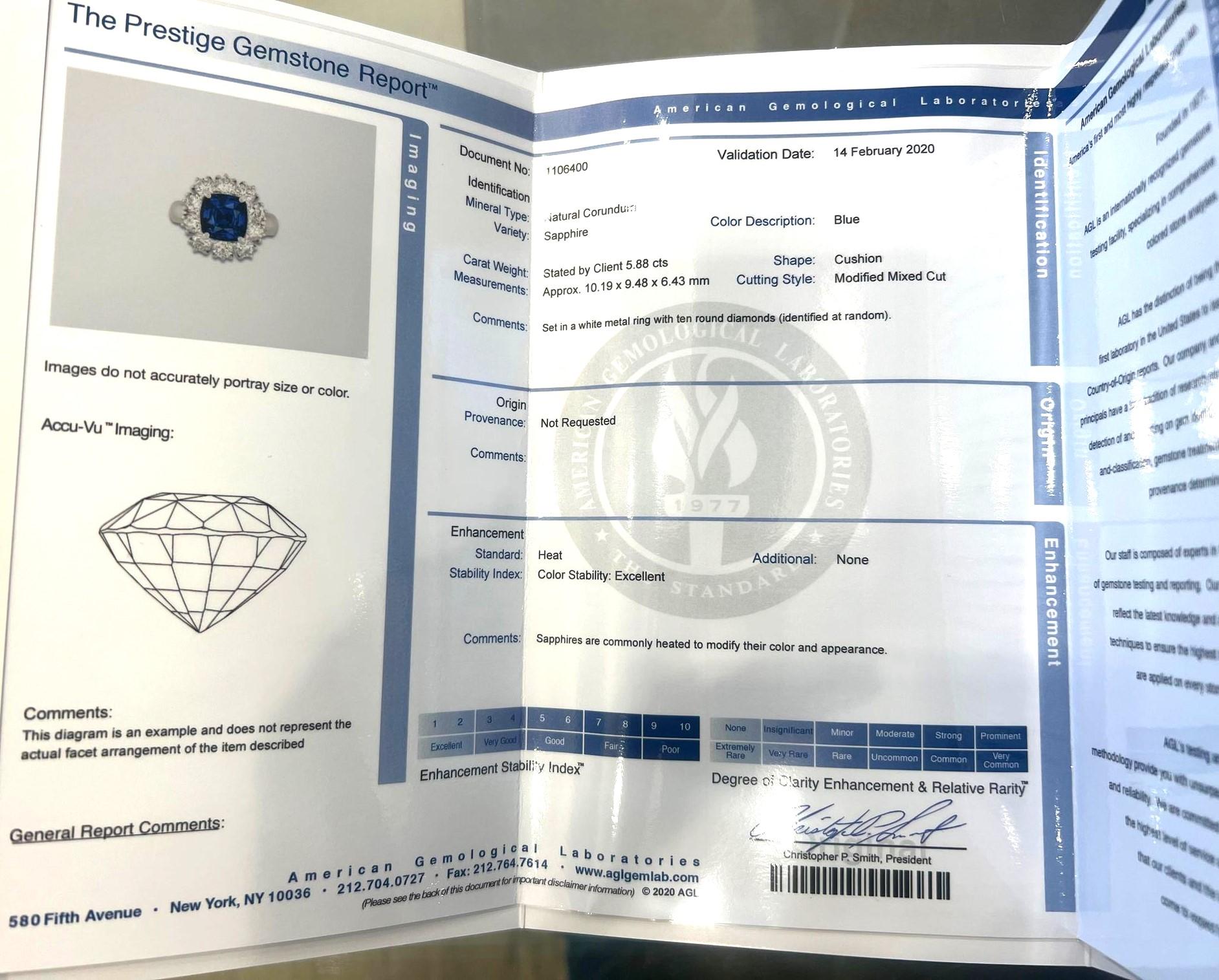 Fine Blue Sapphire Diamond Platinum Ring, AGL Certified For Sale 2